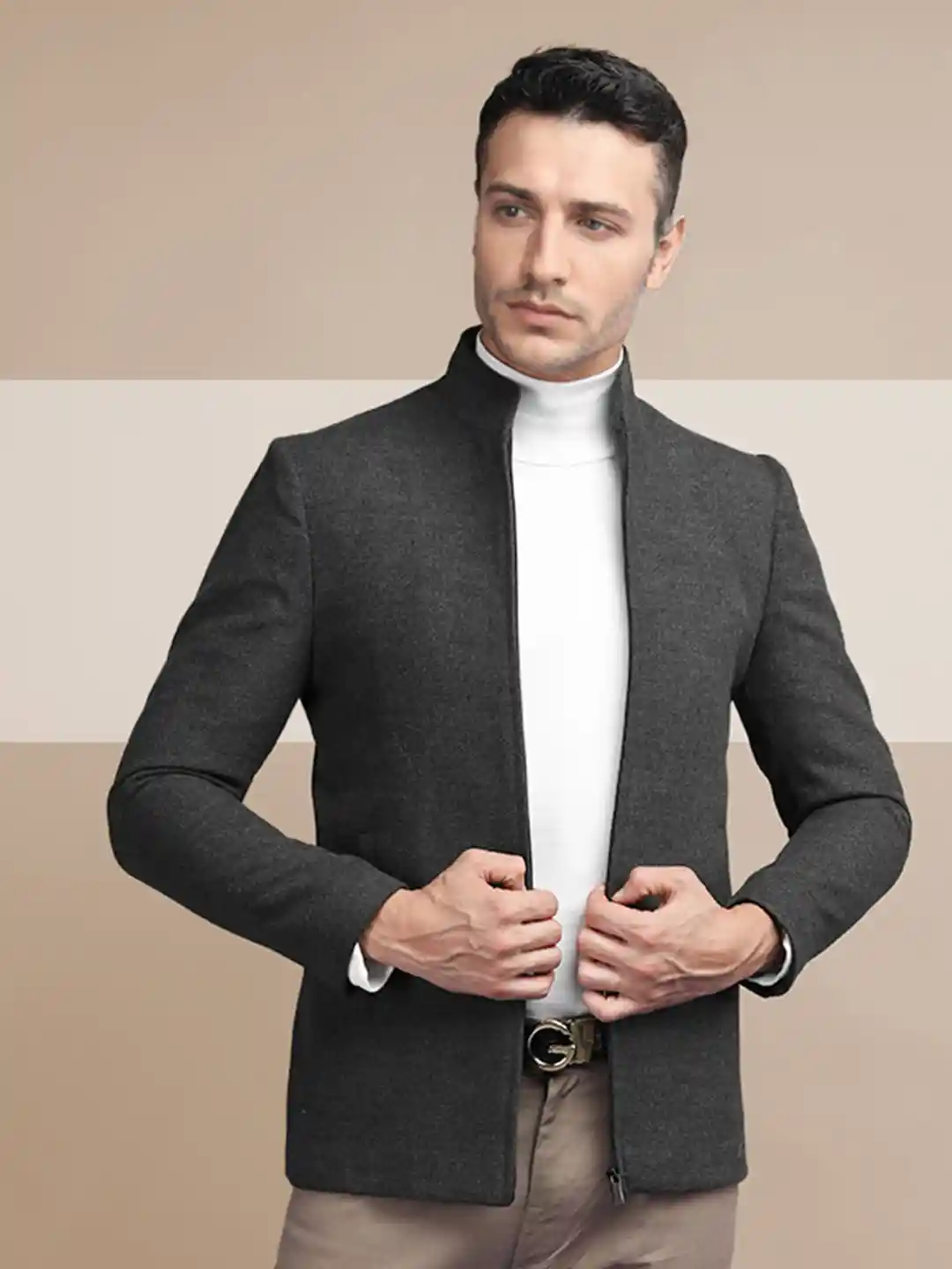 High Neck Black Shirt And Pant With Grey Blazer Formal Plain Mens