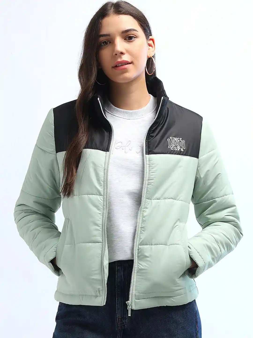 Polo Women Mock Collar Colourblocked Casual Puffer Jacket