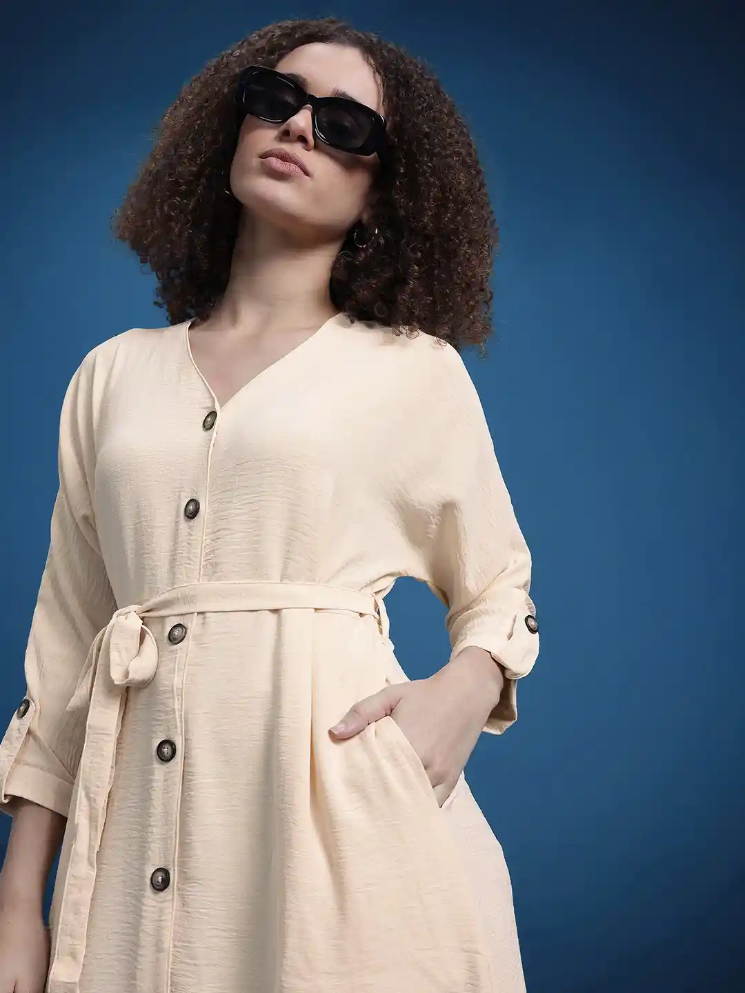 Buy The Roadster Life Waist Tie-Ups V-Neck Shirt Style Midi