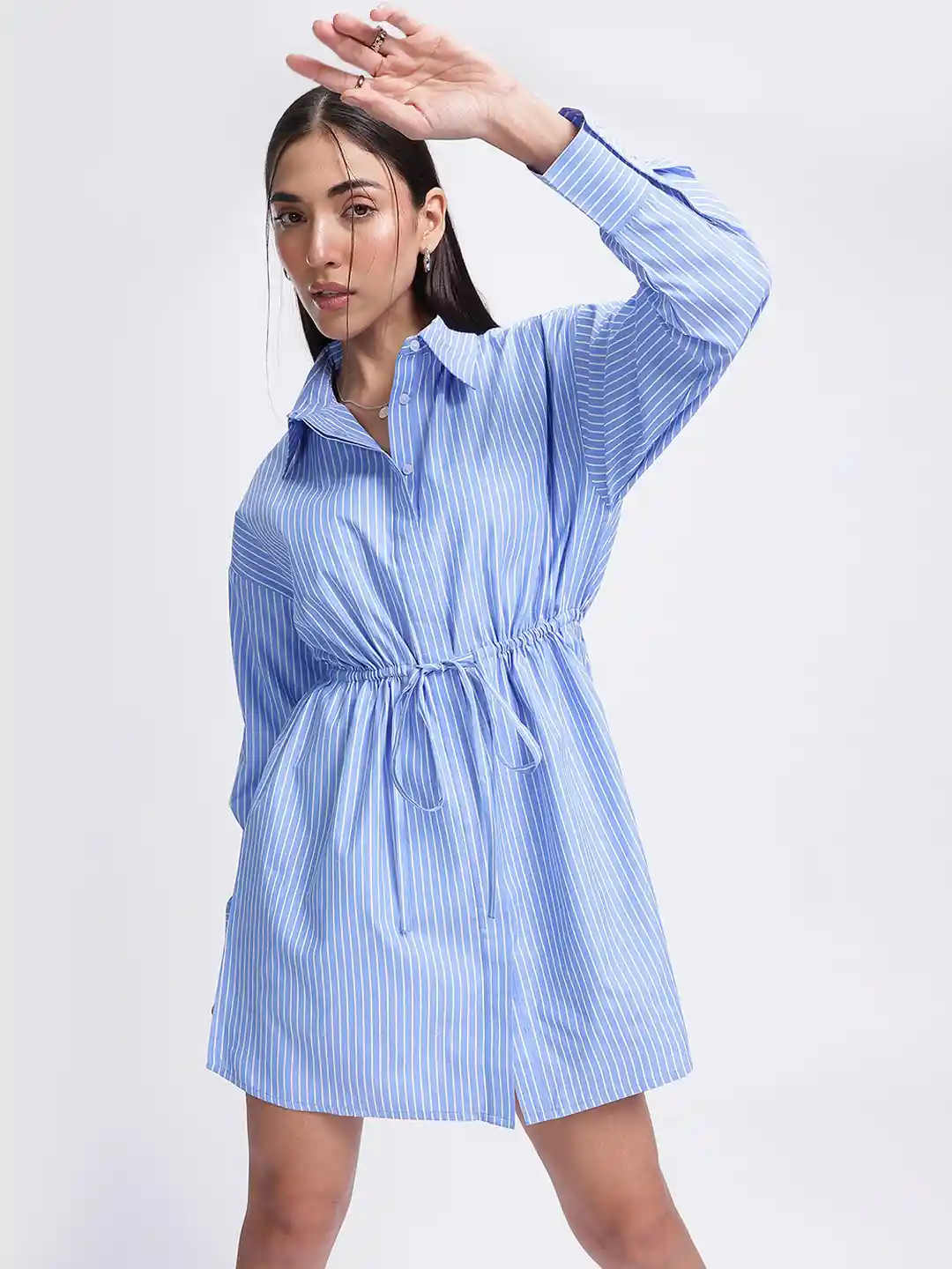 glitchez Striped Shirt Dress with Cinched Waist