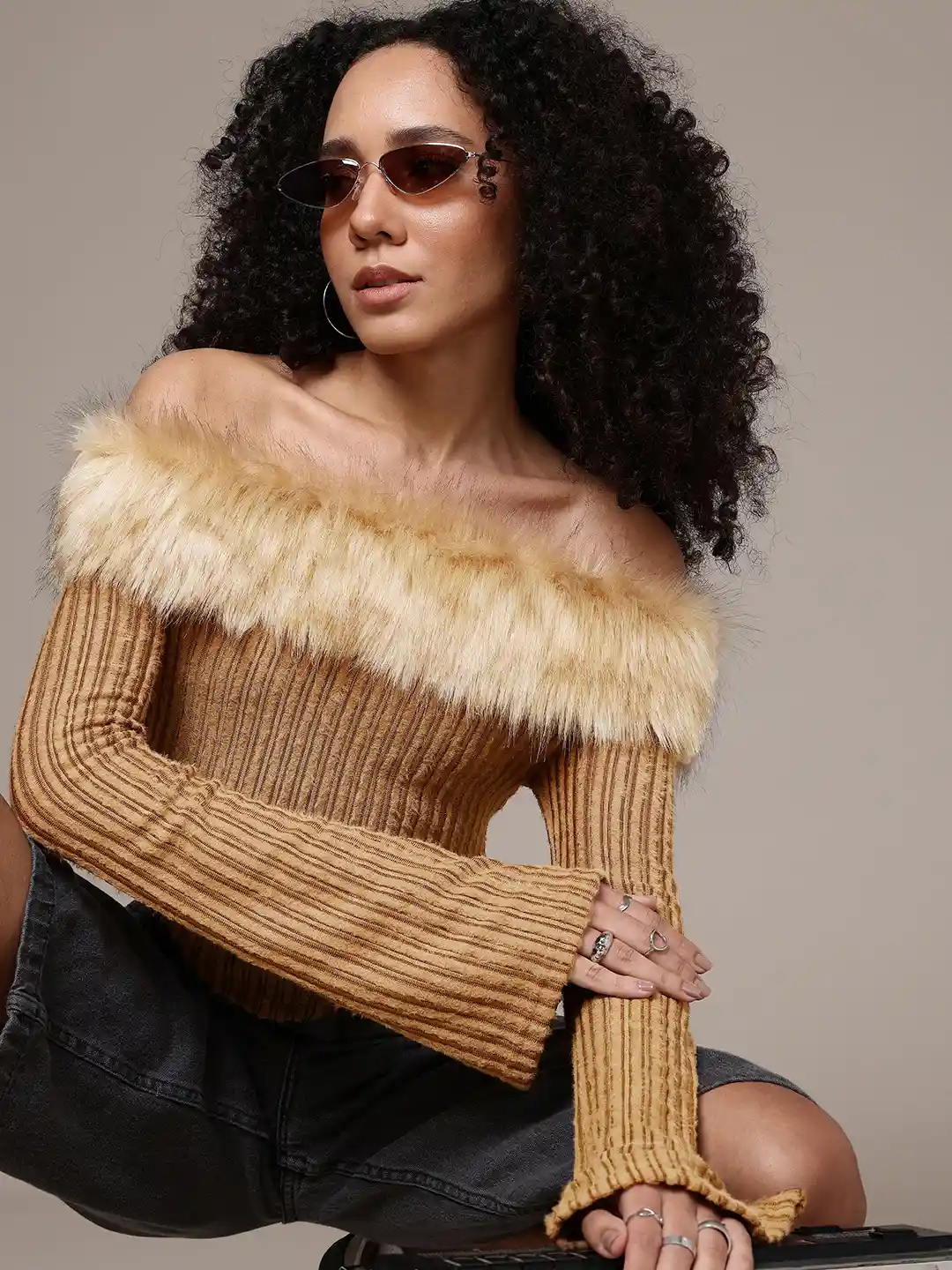 Buy The Roadster Life Co. Striped Faux Fur Off-Shoulder Top - Tops