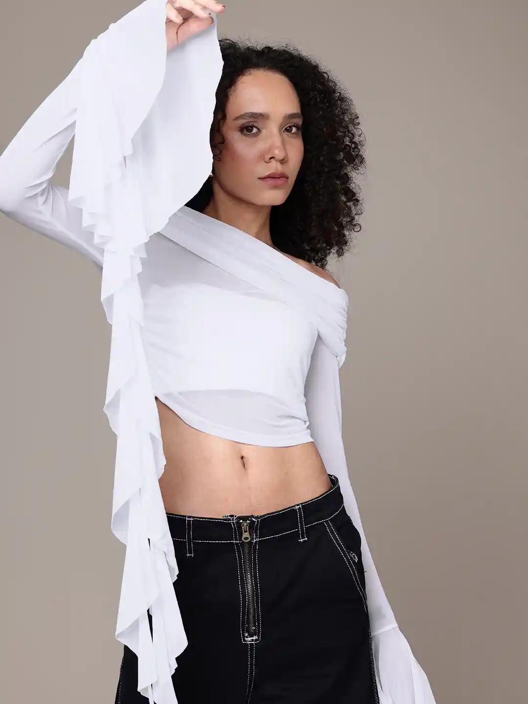 The Roadster Life Off-Shoulder Ruffled Mesh Sheer Bandage Crop Top
