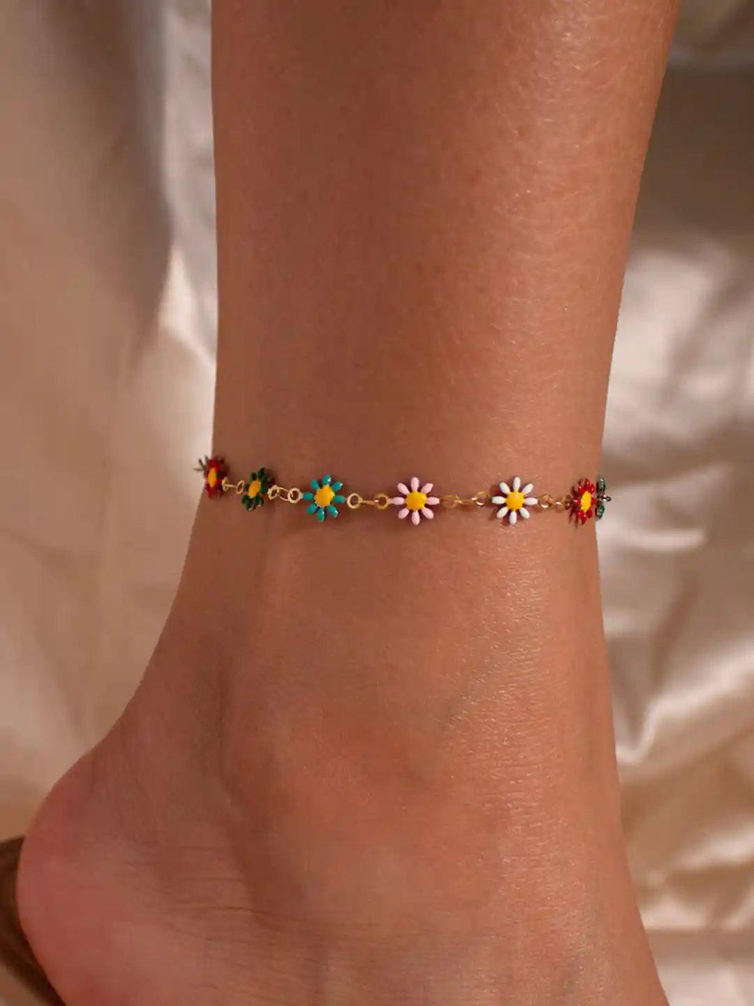 Buy VAMA Gold Plated Layered Multicolor Daisy Flower Anklet