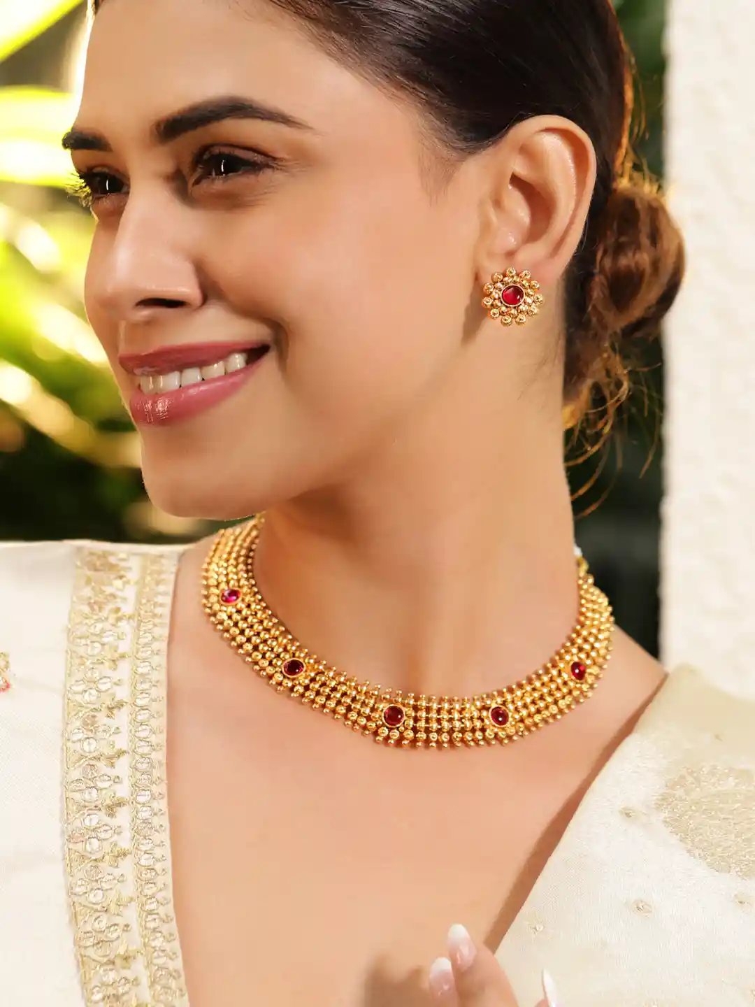 Rubans 22K Gold-Plated Ruby Pink Studded Traditional Choker Necklace Set  with Gold Beads