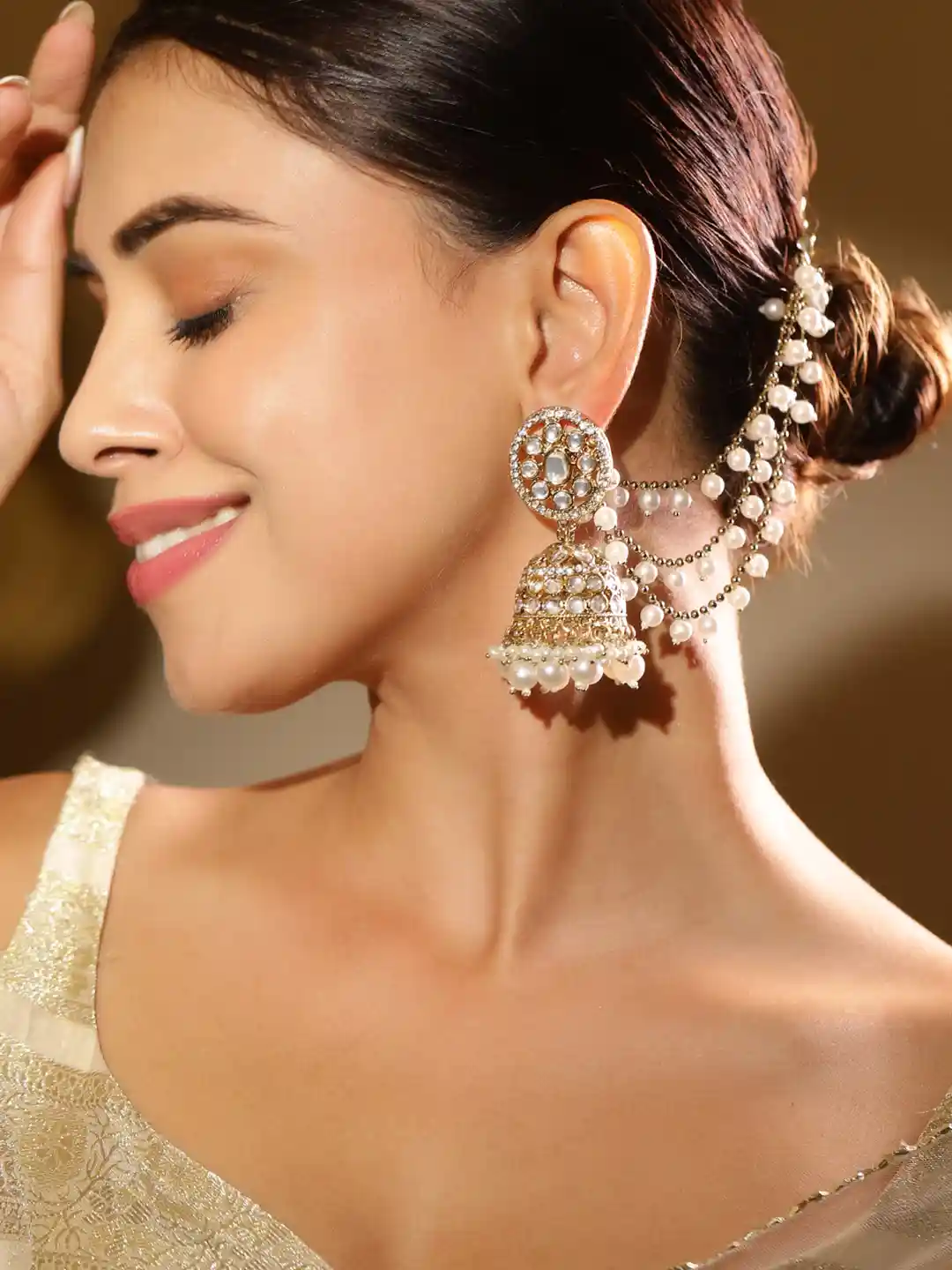 Rubans 18K Gold-Plated Kundan Zirconia Kan Chain Jhumka Earrings with  White Pearl Beads