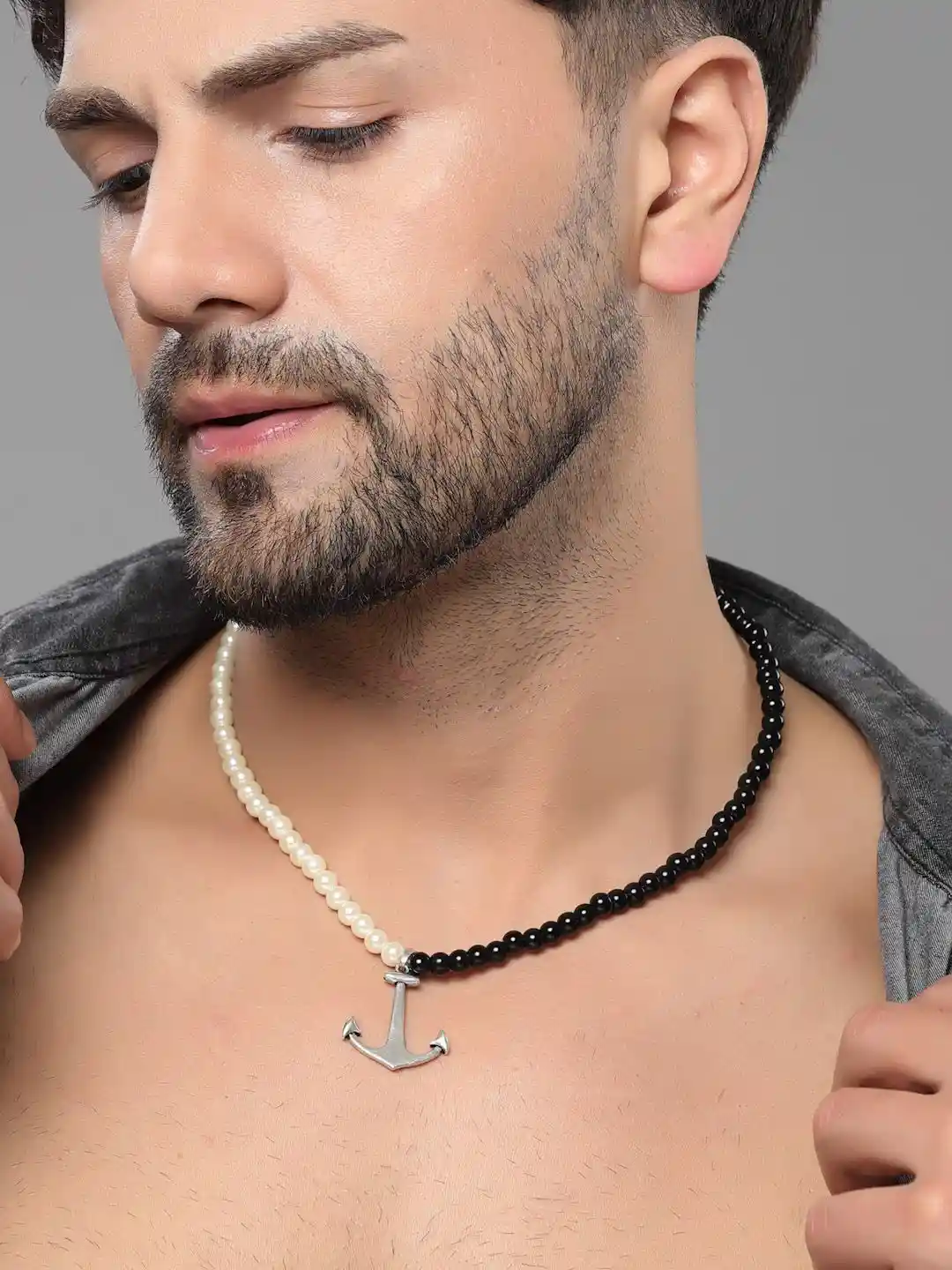 Buy Sanjog Black White Men Beaded Oxidized Anchor Charm Pendent