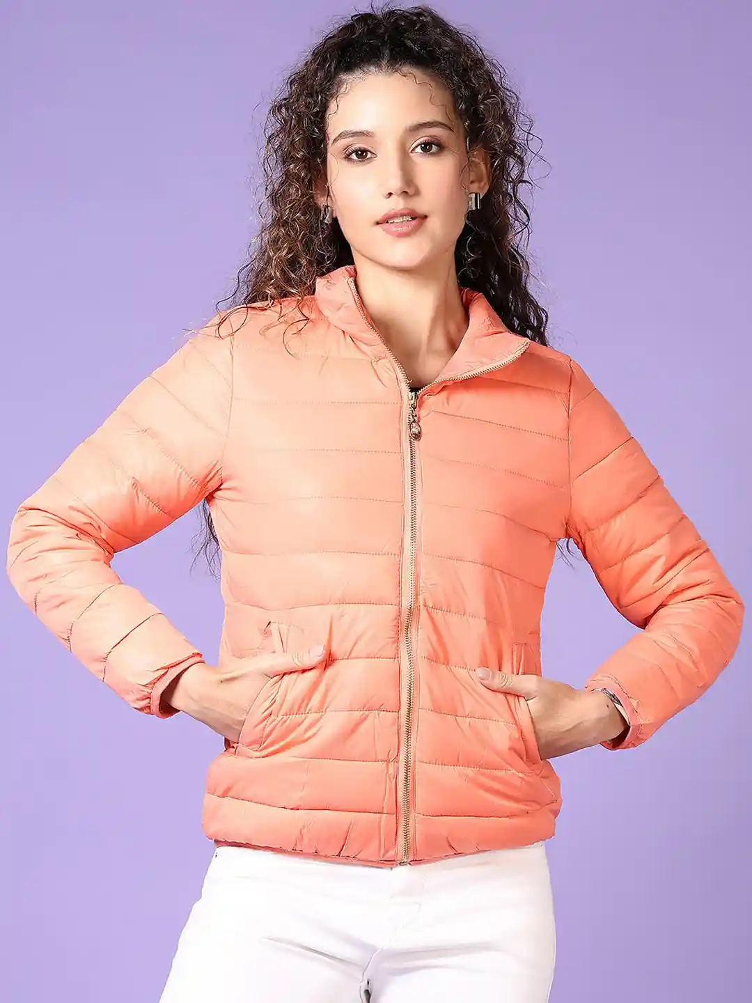 Buy V-Mart Women Mock Collar Solid Cotton Casual Puffer Jacket