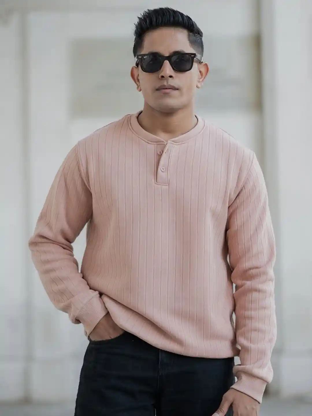 Powerlook Men Self Design Henley Neck Sweatshirt