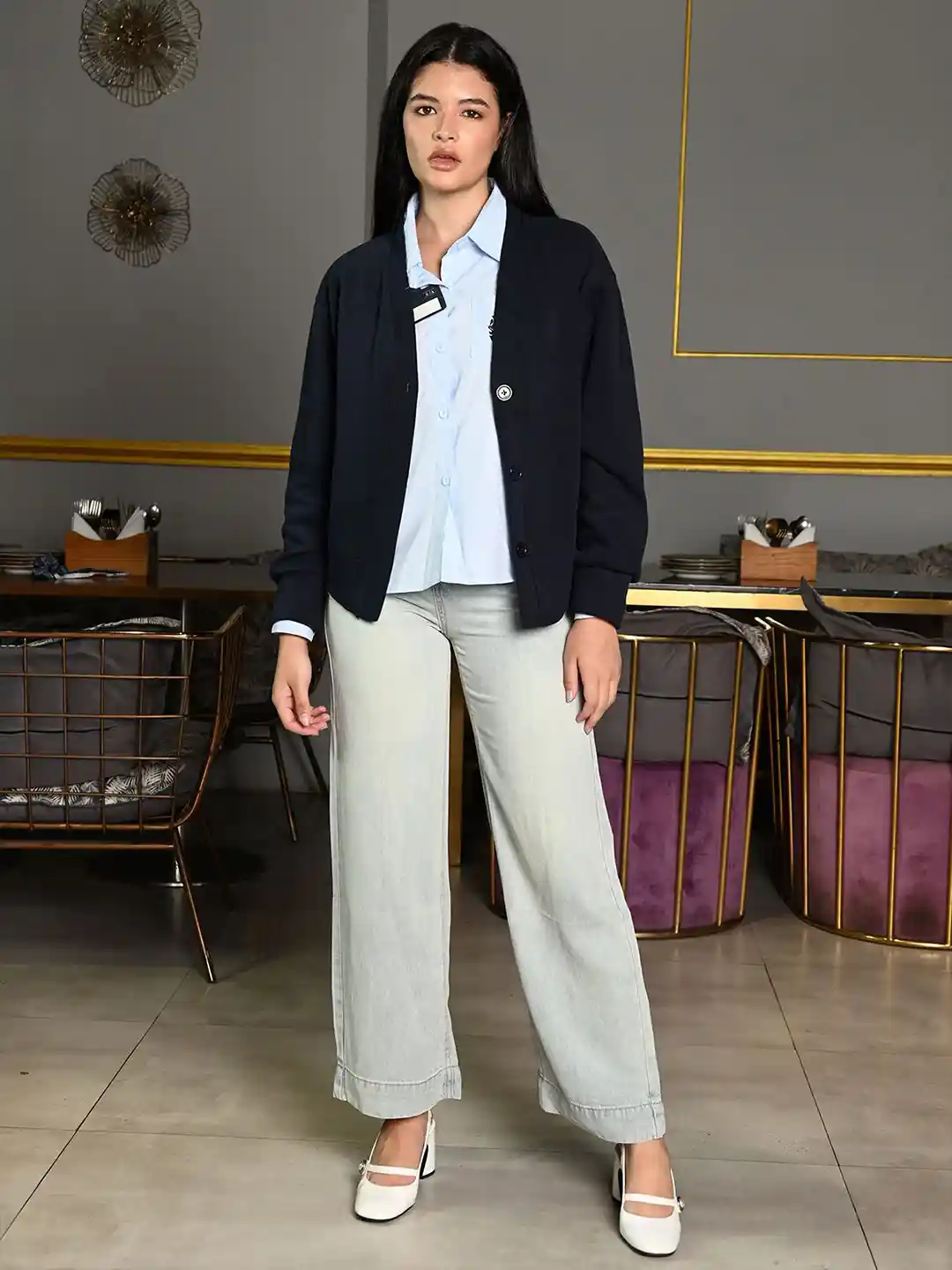 Buy ODETTE Women Solid Spread Collar Cotton Casual Shirt With