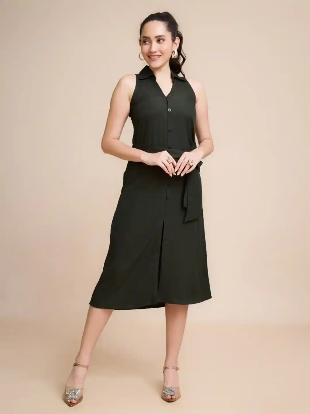 Buy HOUSE OF MIRA Women Shirt Collar Sleeveless A- Line Midi Dress
