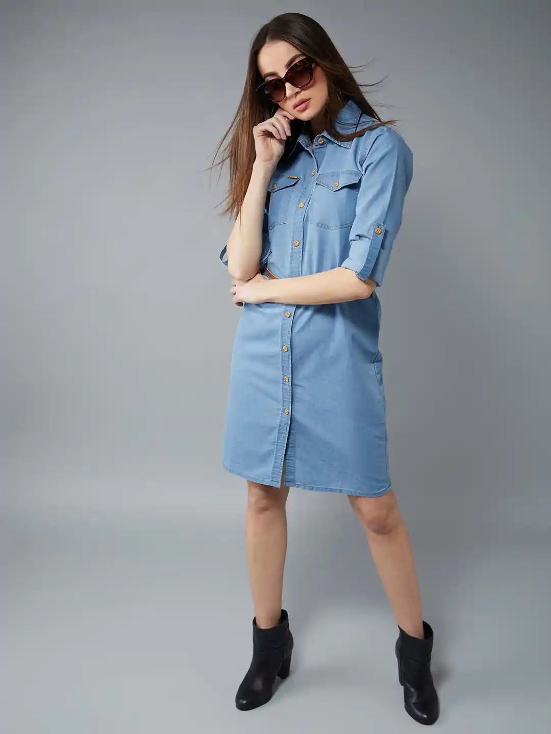 The Roadster Lifestyle Women Pure Cotton Shirt Collar Roll-Up Sleeves  Denim Dress