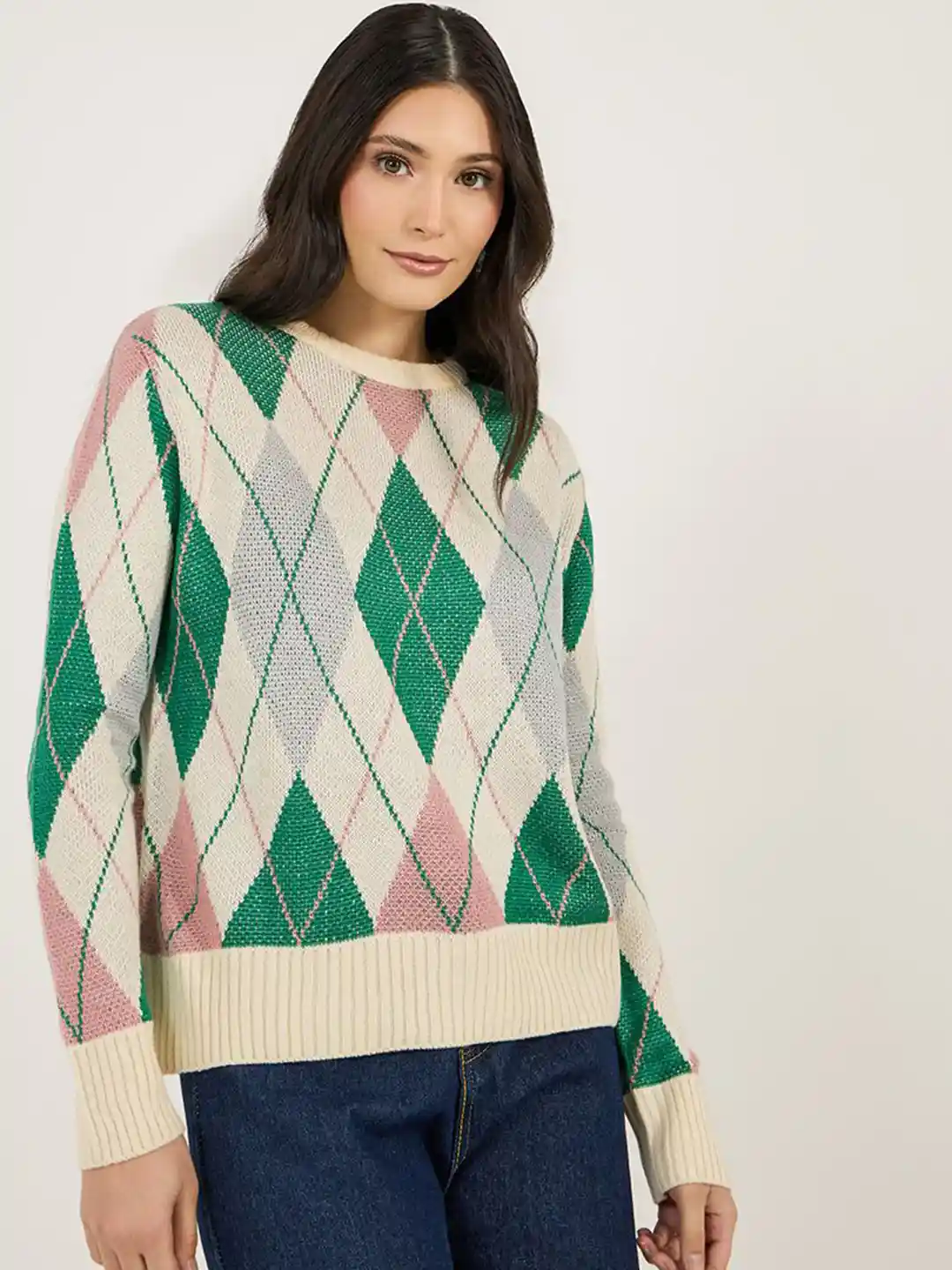 Styli Women Vintage Argyle Multi Color Regular Fit Pullover Sweater