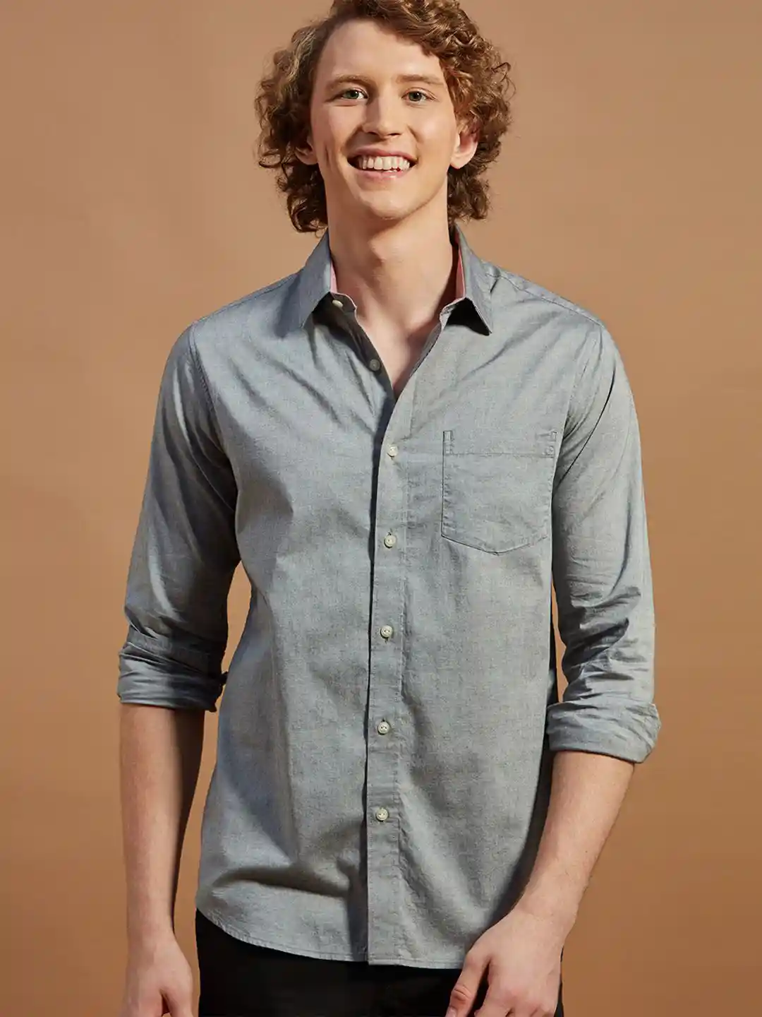 Buy THINC Men Gunmetal Gladiator Spread Collar Solid Cotton Casual