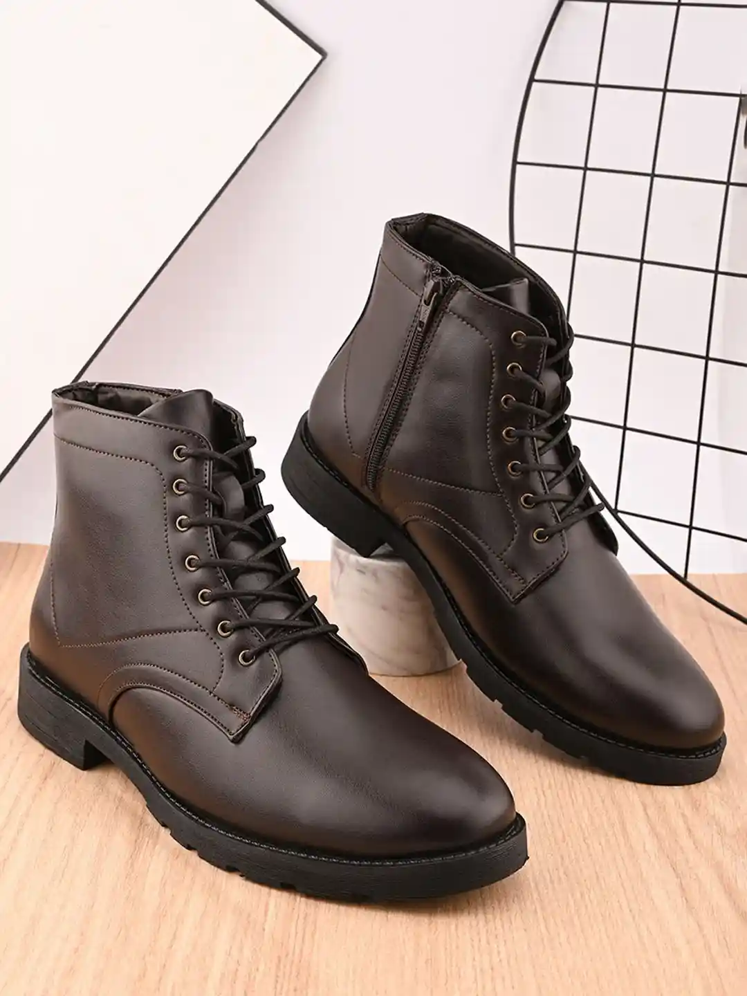Styli Men Lace Up Ankle Boots with Side Zip - Main Image