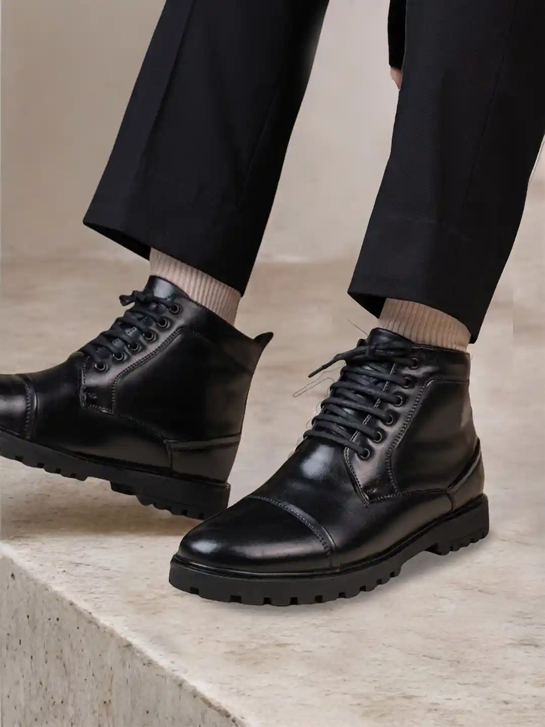 Buy Styli Men High Top Faux Leather Biker Lace Up Boots Boots