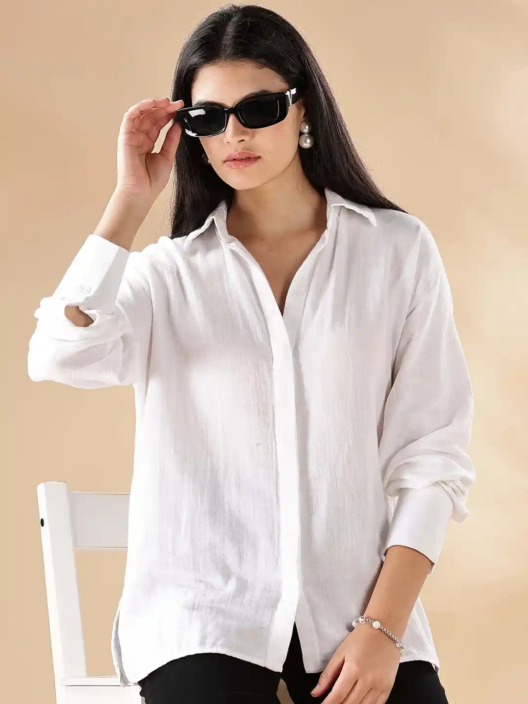 HERE&NOW Women Oversized Fit Spread Collar Textured Cotton Casual Shirt