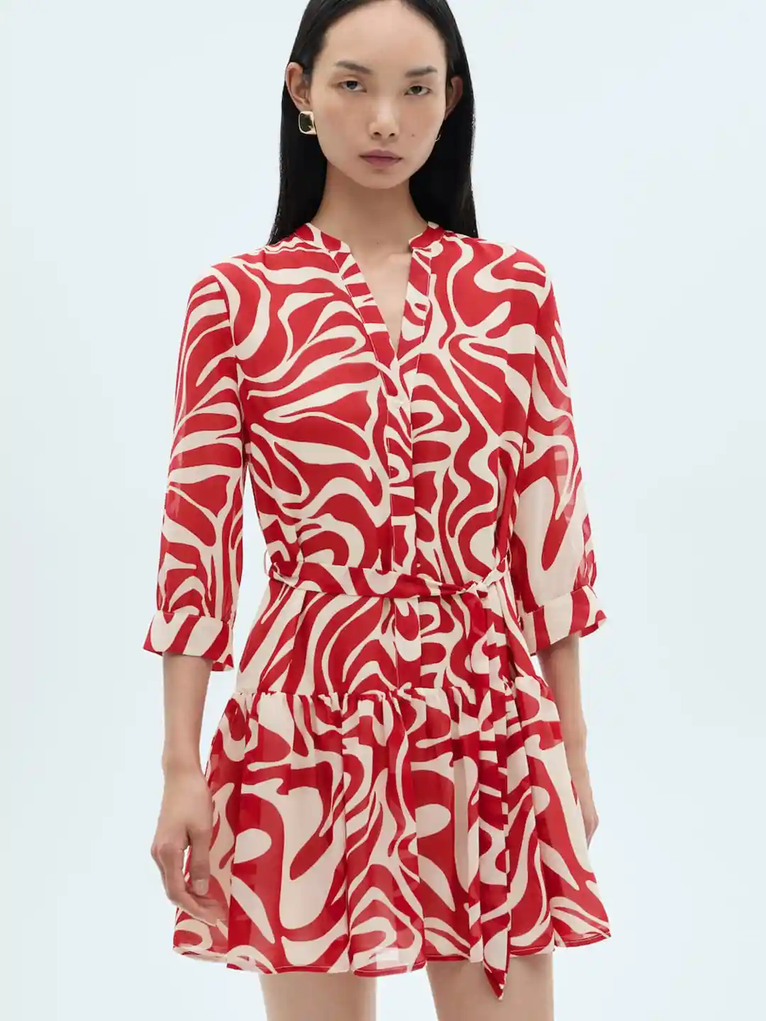 Buy MANGO Abstract Print Puff Sleeves Shirt Dress with Belt Detail