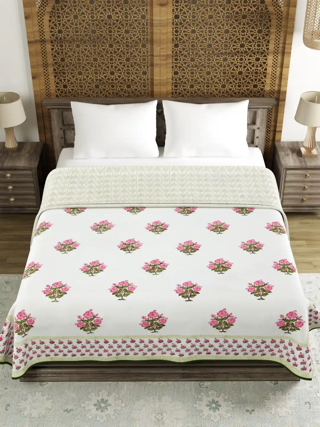 Buy BLOCKS OF INDIA Green White Ethnic Motifs AC Room 150 GSM