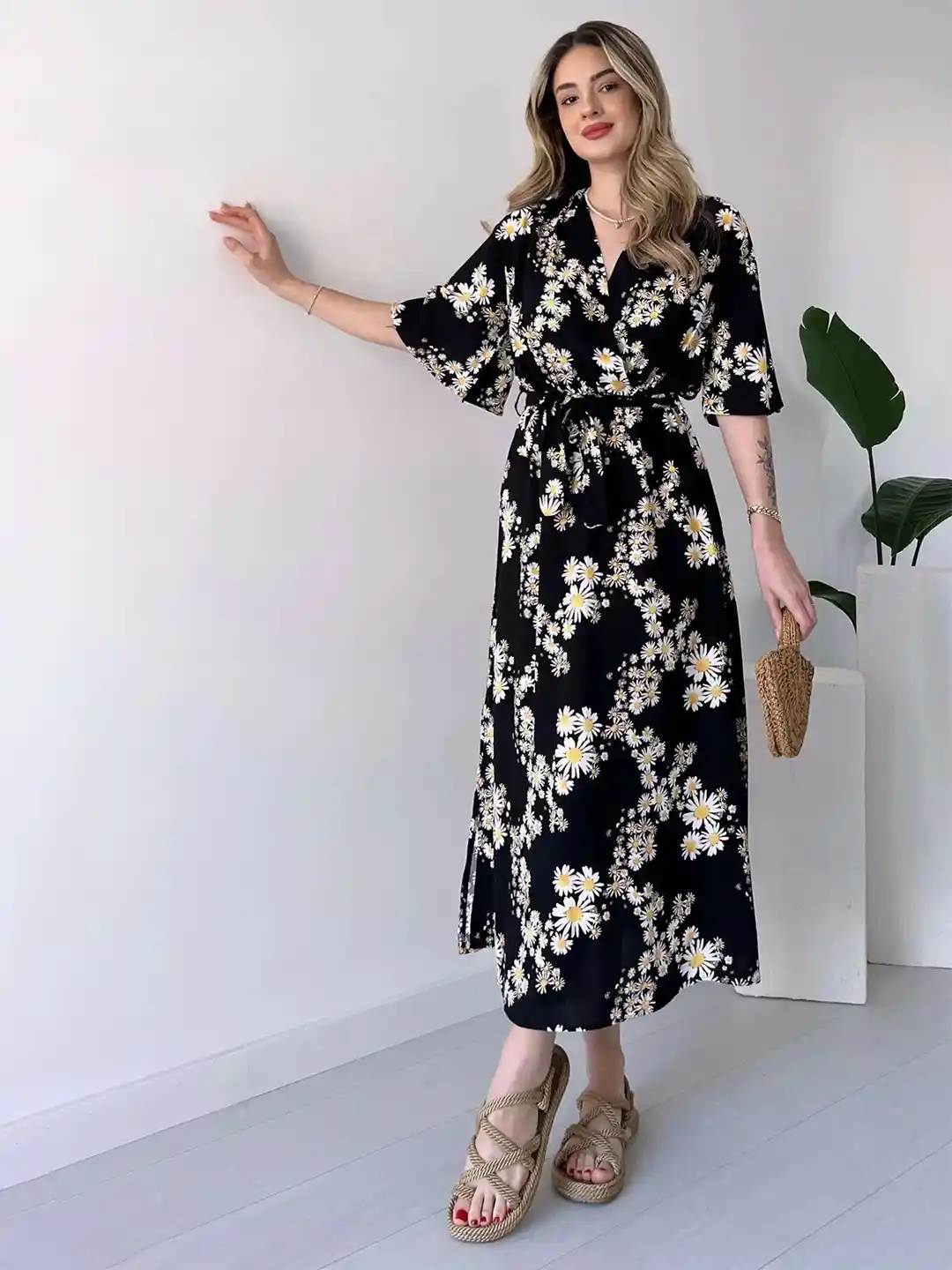 Buy MANOJAVA Women Cotton Floral Printed Wrap Midi Dress Dresses - Main Image
