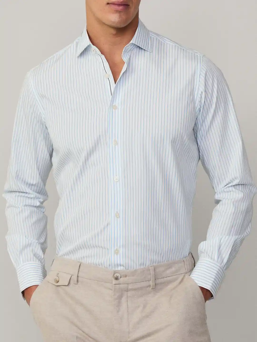 HACKETT LONDON Men Classic Fit Spread Collar Vertical Striped Cotton Casual  Shirt