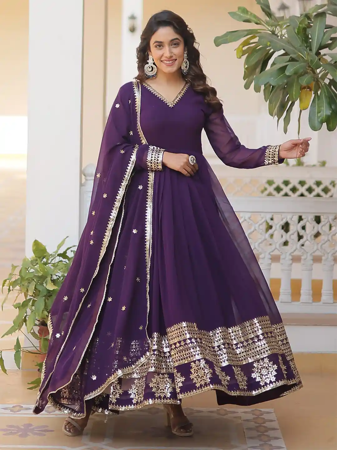 KALINI Women Georgette Embellished Fit and Flare Dress With Dupatta