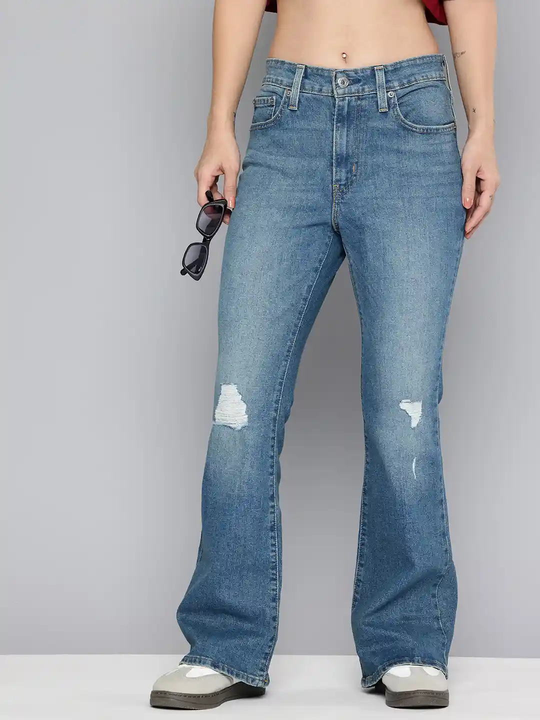 Levis Women 726 Slim Flared High-Rise Mildly Distressed Light Fade  Stretchable Jeans