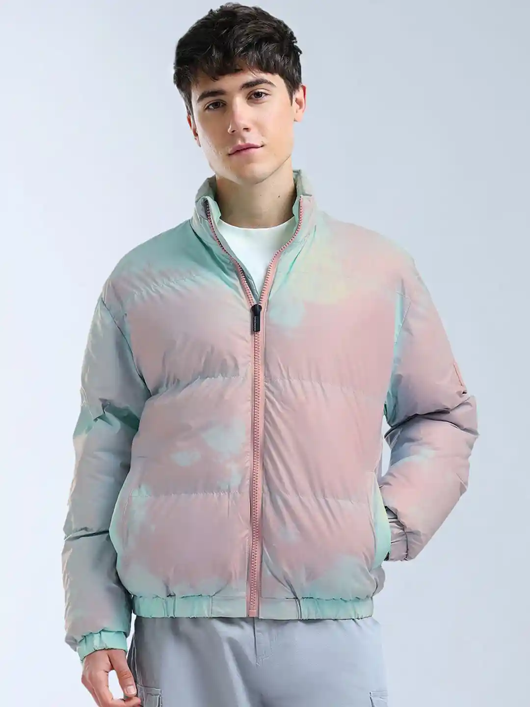 Buy Flying Machine Men Mock Collar Tie and Dye Solid Casual Puffer