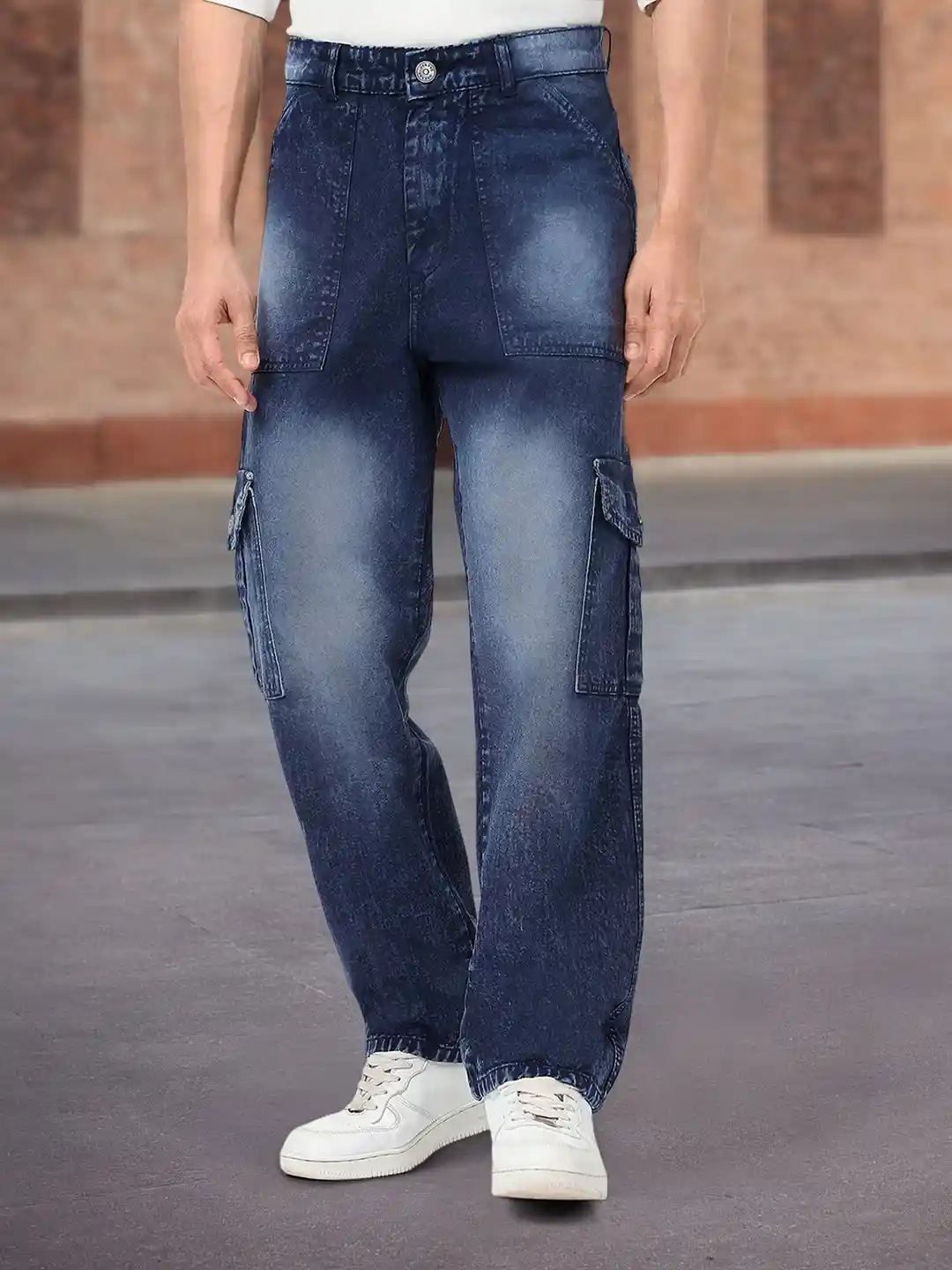 Buy Urbano Fashion Men Navy Loose Fit Cargo Jeans With Pockets