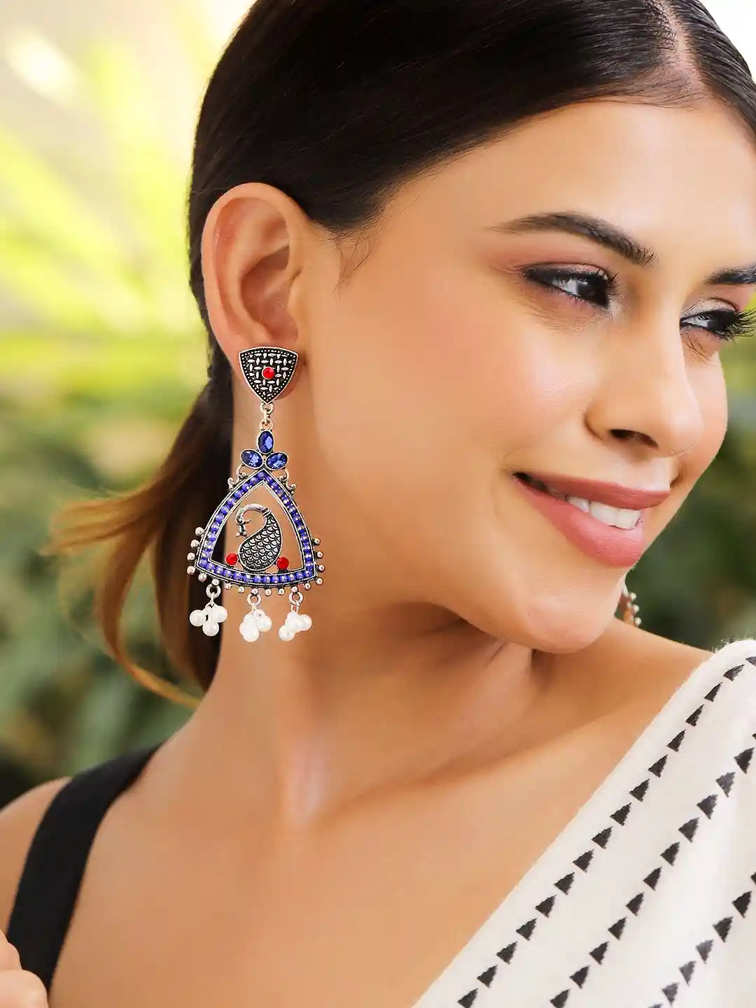 Buy Rubans Silver-Plated Stone Studded Beaded Oxidised Peacock