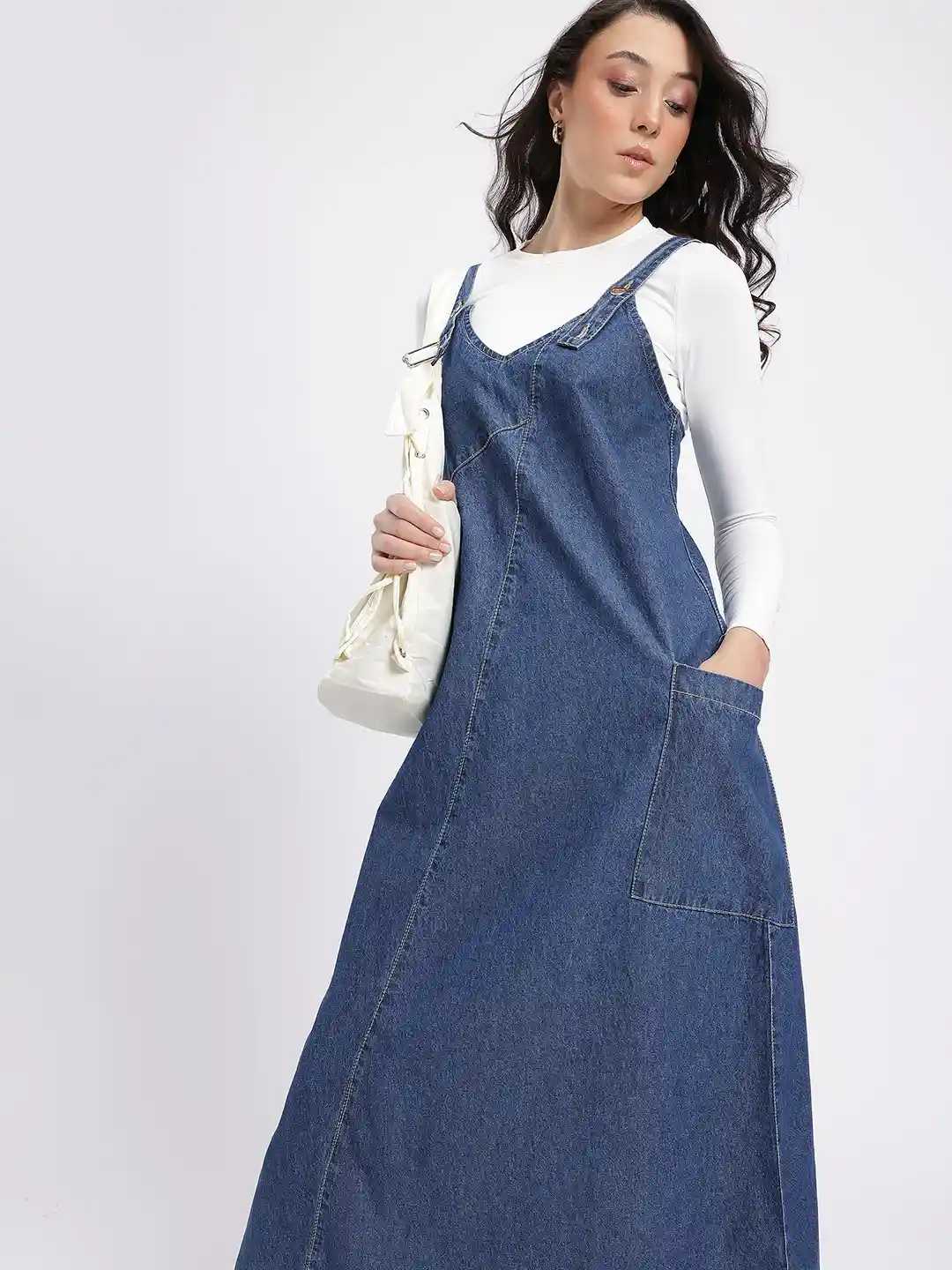 Maxi Pinafore Next Denim Pinafore Dress Hanji V-Neck Washed Button