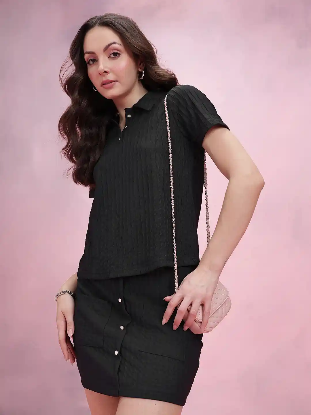 Buy DressBerry Textured Polo Collar Top With Mini Skirt Co-ords