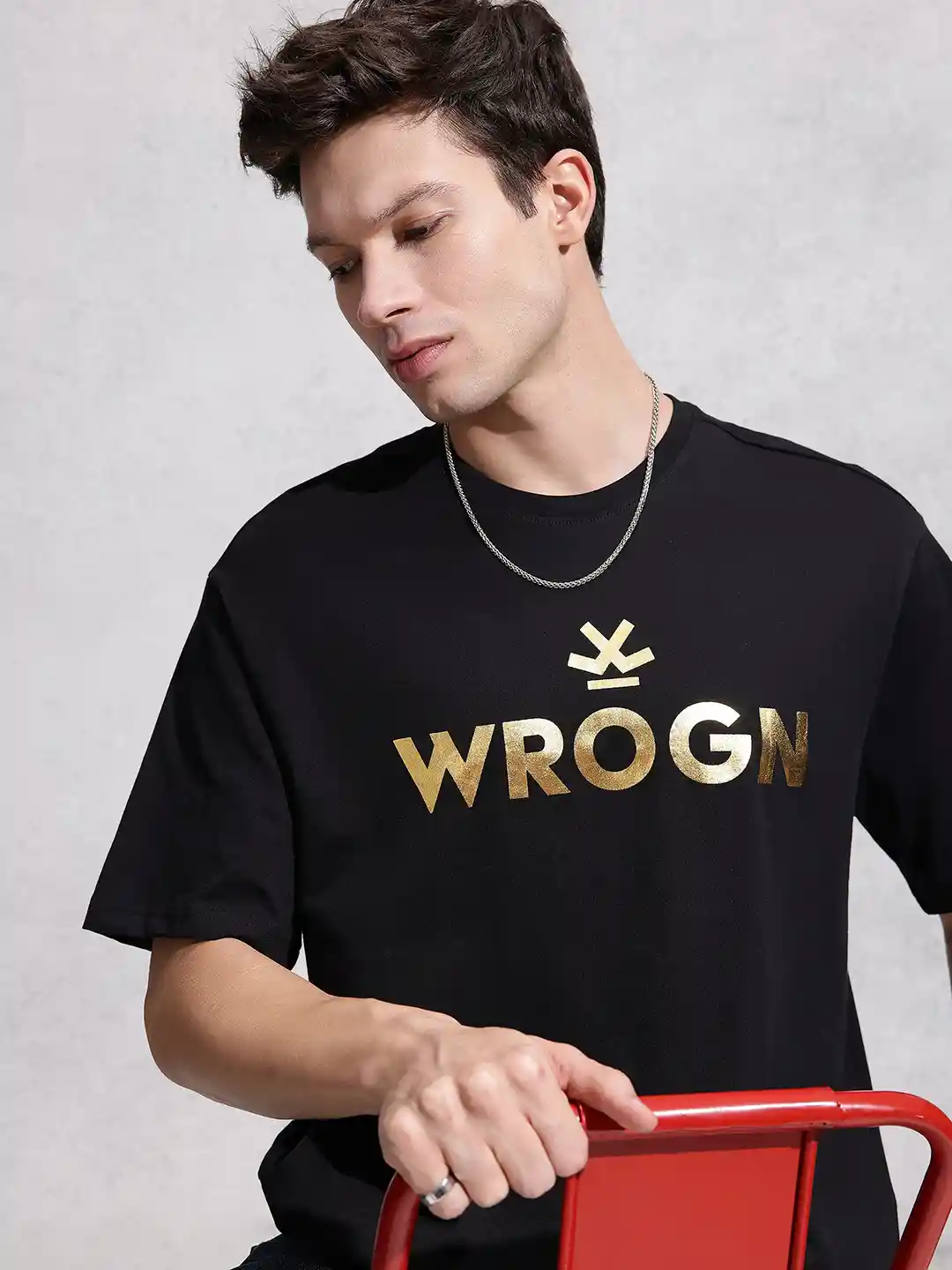WROGN Brand Logo Printed Drop-Shoulder Sleeves Pure Cotton Oversized T-shirt