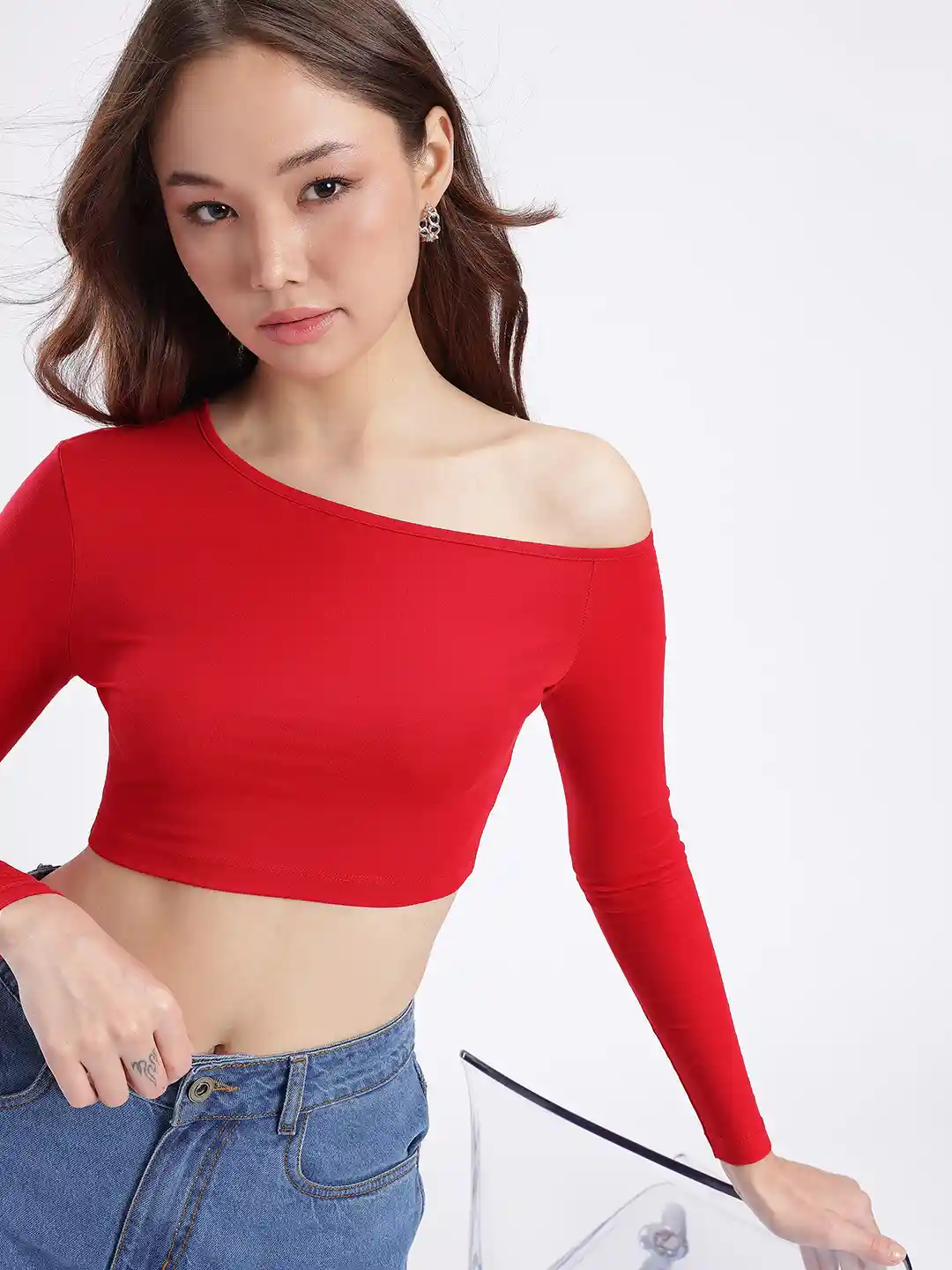 Buy glitchez One Shoulder Fitted Crop Top Tops for Women - Main Image