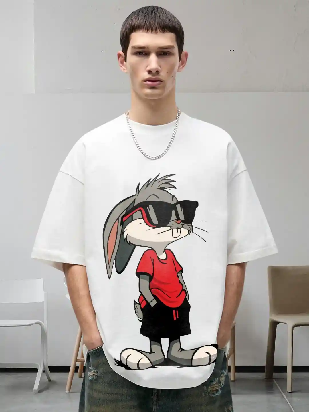 PRONK Men Bugs Bunny Graphic Printed Round Neck Cotton Oversized T-shirt