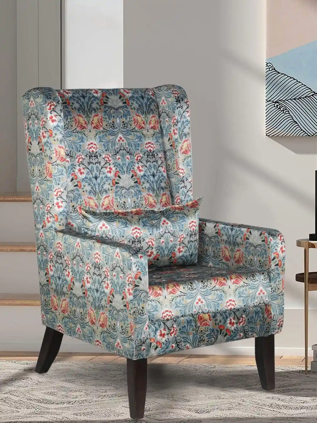 Fabric Blue Gray Armchair Valencia Tufted Wing Chair In Grey