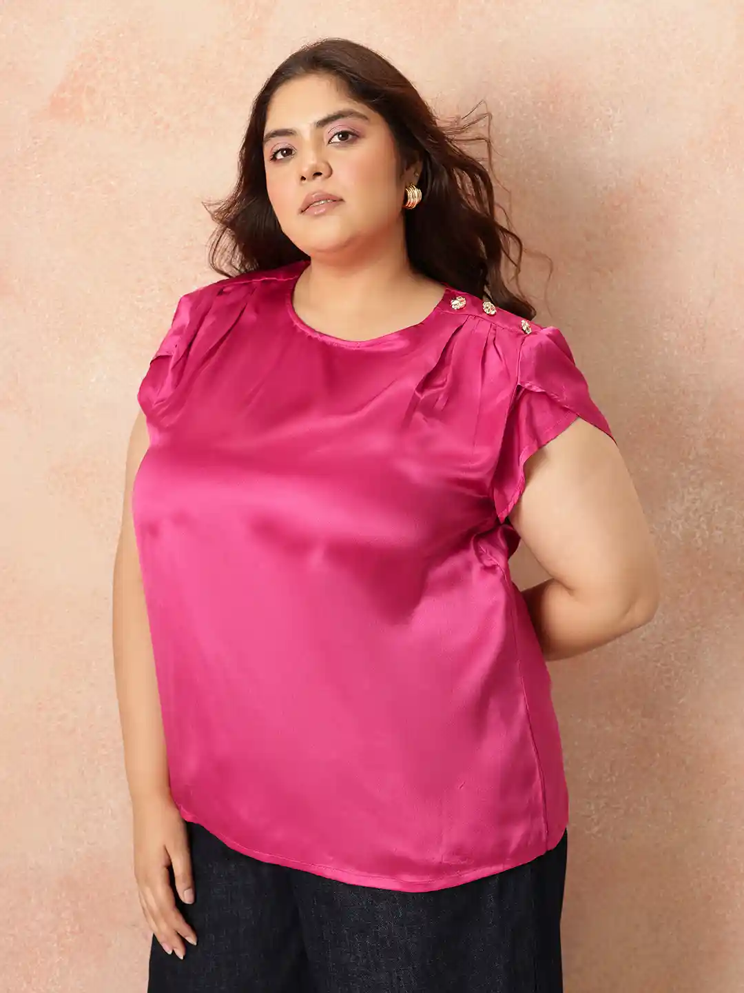 all about you Plus Size Tulip Sleeves Button Detail Satin-Finish Party Top