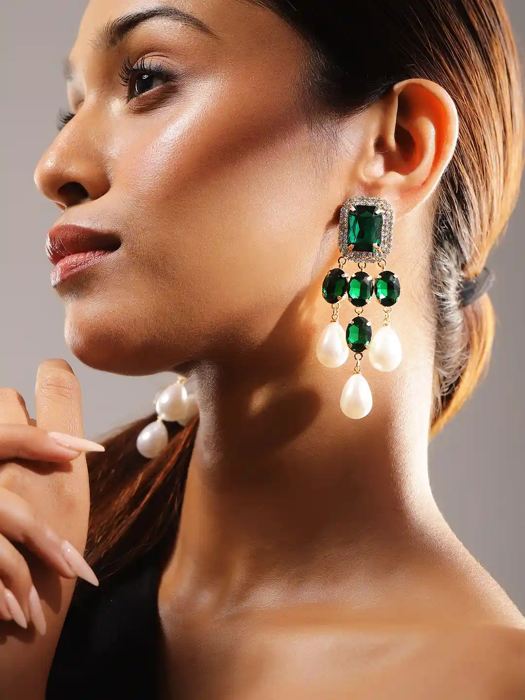 Rubans Green Emerald Drop Earrings Rubans 24K Gold-Plated Black