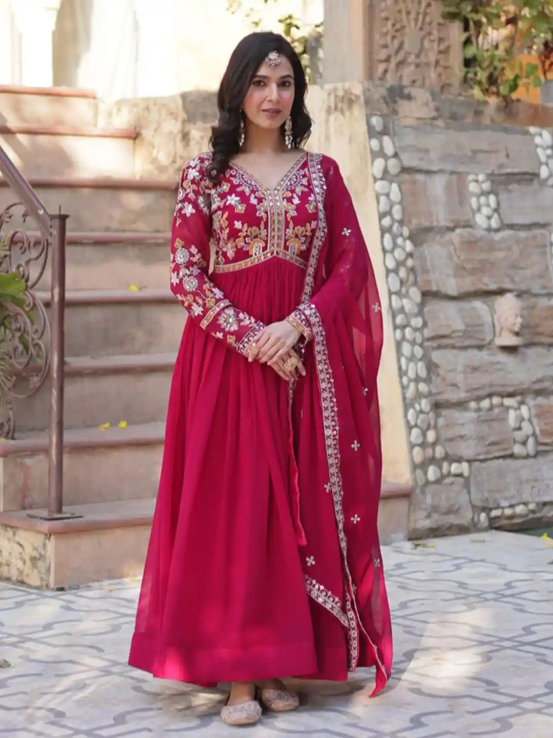 Buy Tilton Women Gown Pink Sequins Zari Embroidered Flared Ethnic