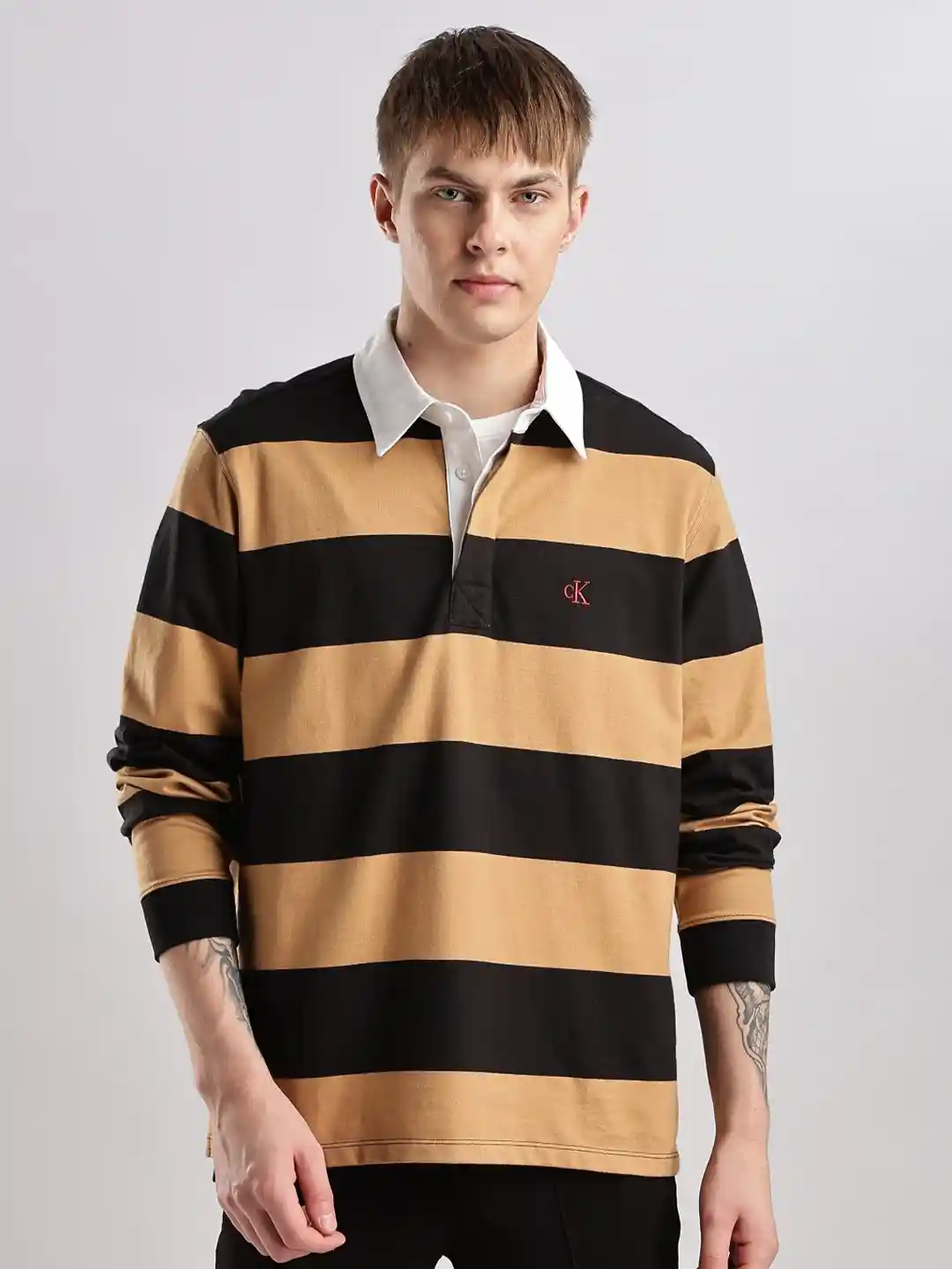 Calvin Klein Jeans Men Striped Polo Collar Pockets Relaxed Fit T-shirt