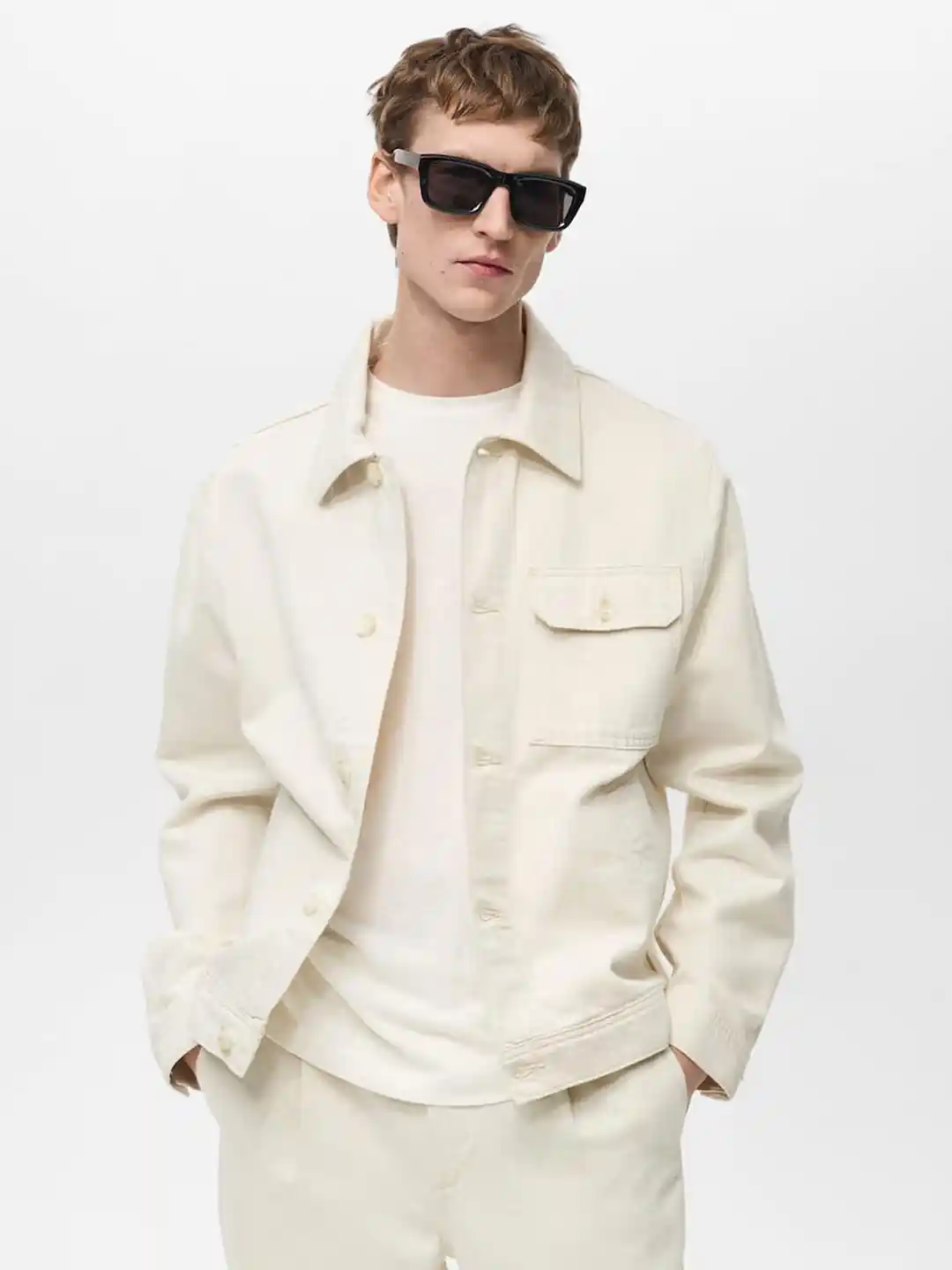 Buy MANGO MAN Solid Beige Cotton Linen Denim Jacket Jackets for