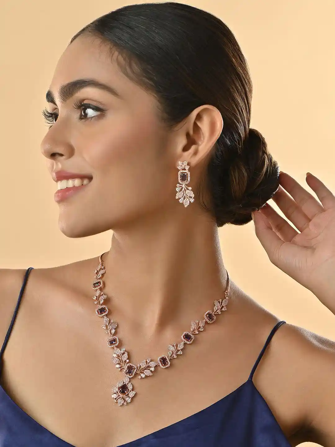 Fida Premium 14k Rose Gold-Plated AAA American Diamond Choker Necklace  Earring Set