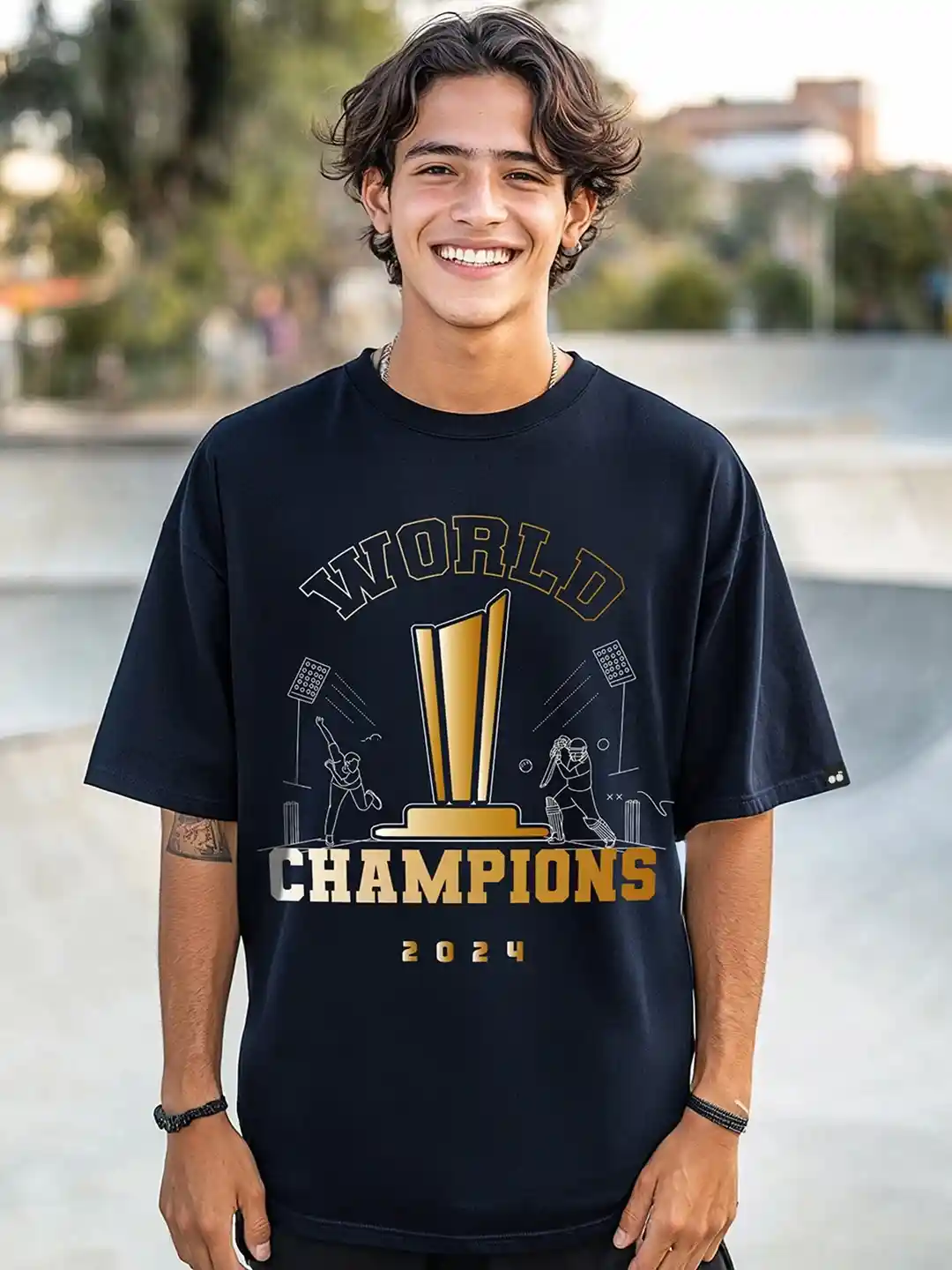 Bewakoof Men Navy Blue World Champion Graphic Printed Oversized T-shirt