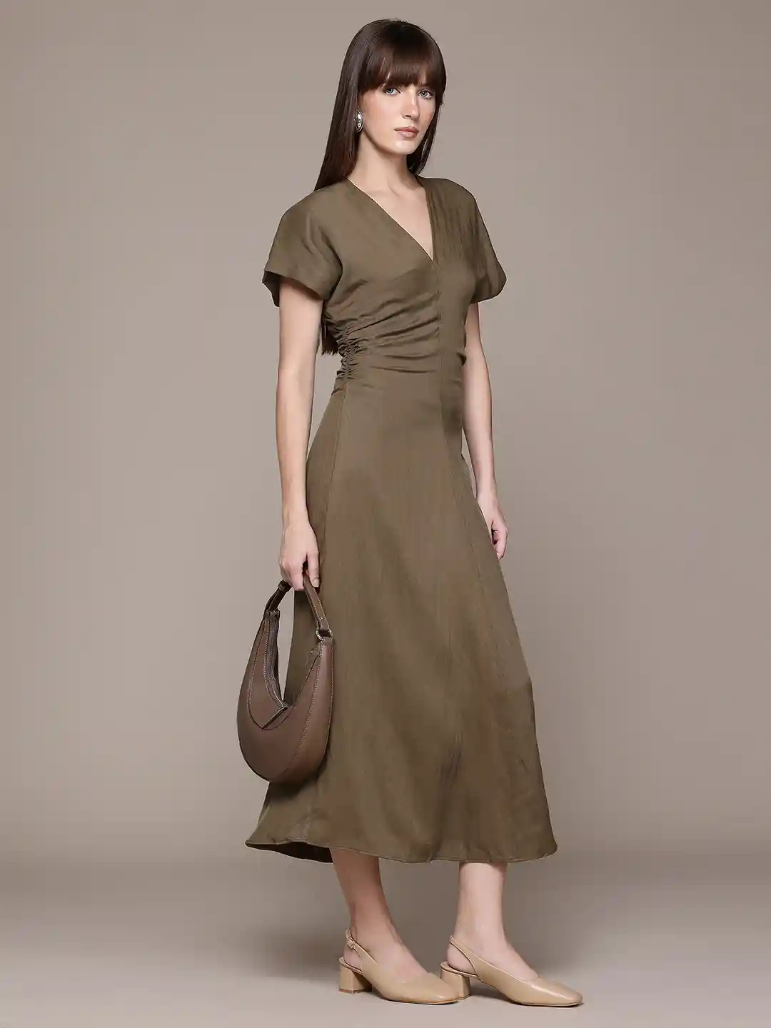 Buy MANGO Ruched Effect Extended Sleeves Maxi A-Line Dress