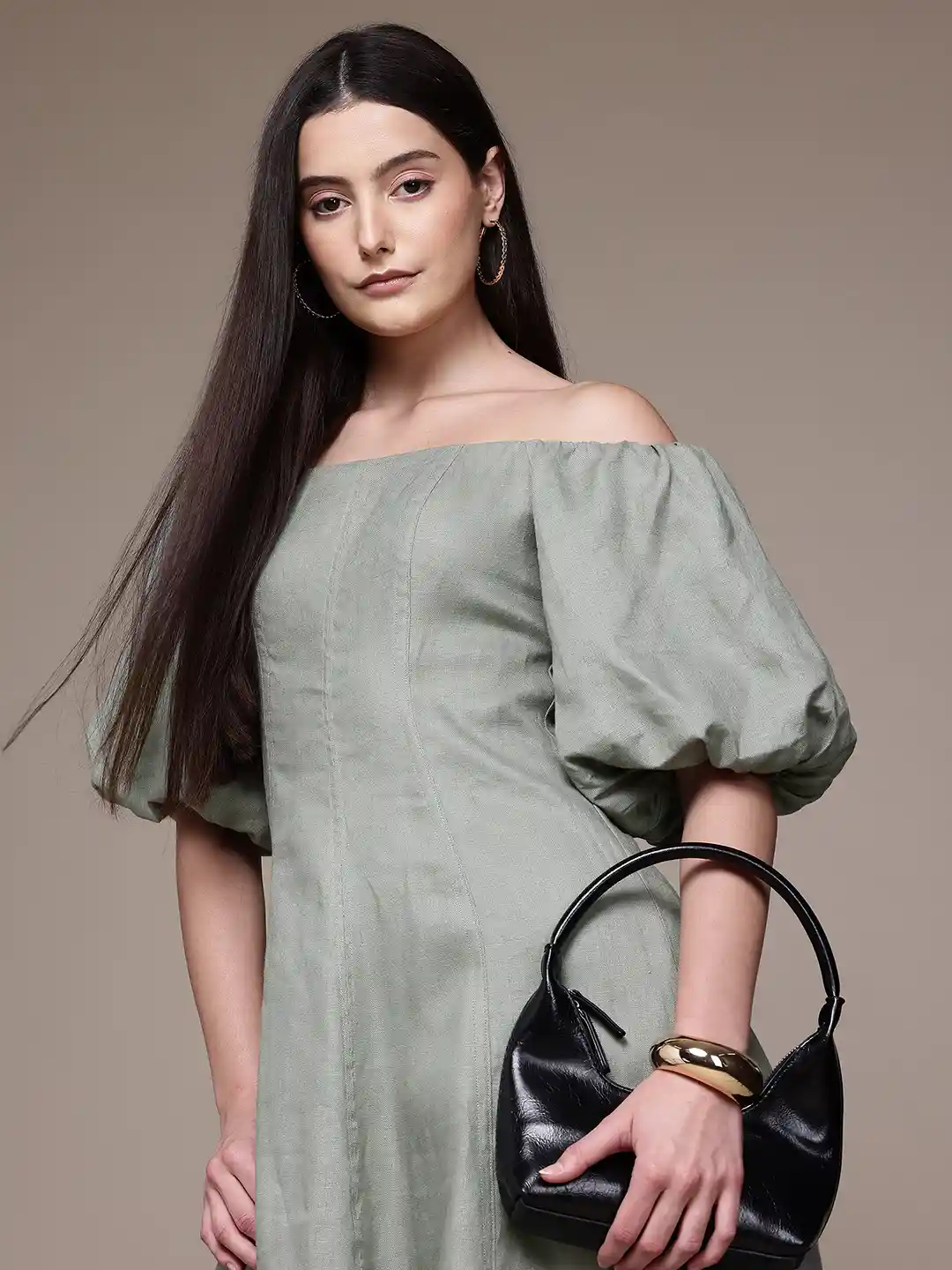 MANGO Off-Shoulder Puff Sleeve Pure Linen A-Line Midi Dress