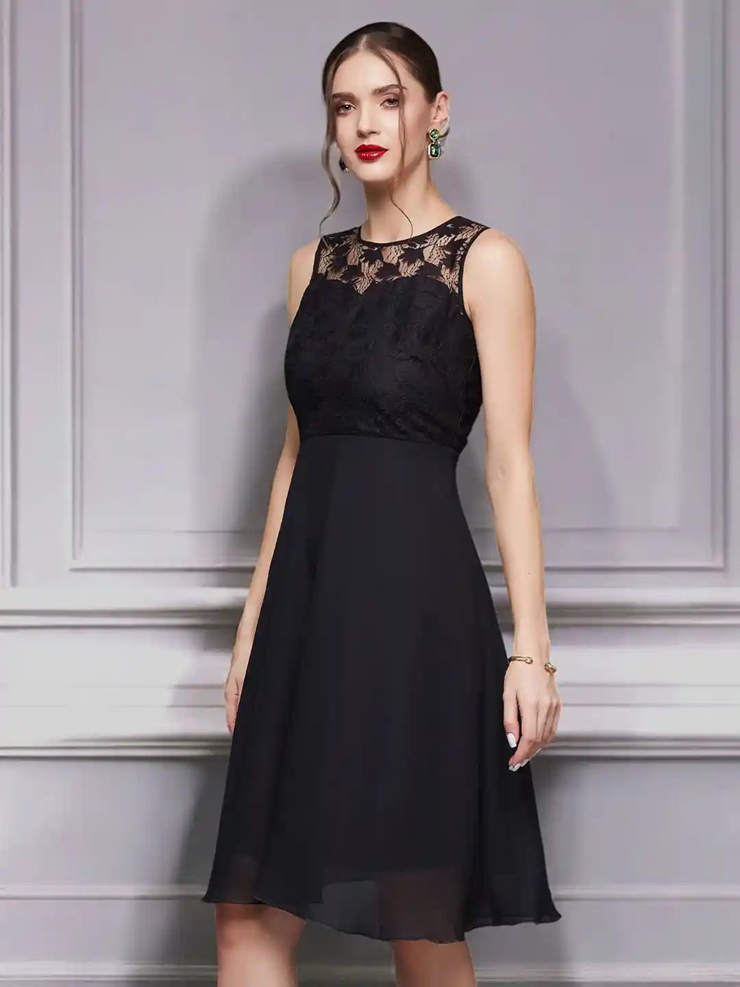 Lace Women's Black Fit And Flare Dress Party Wear Knee Length Short Dress  From Saree Buy Miss Chase Georgette Fit Flare Knee Length