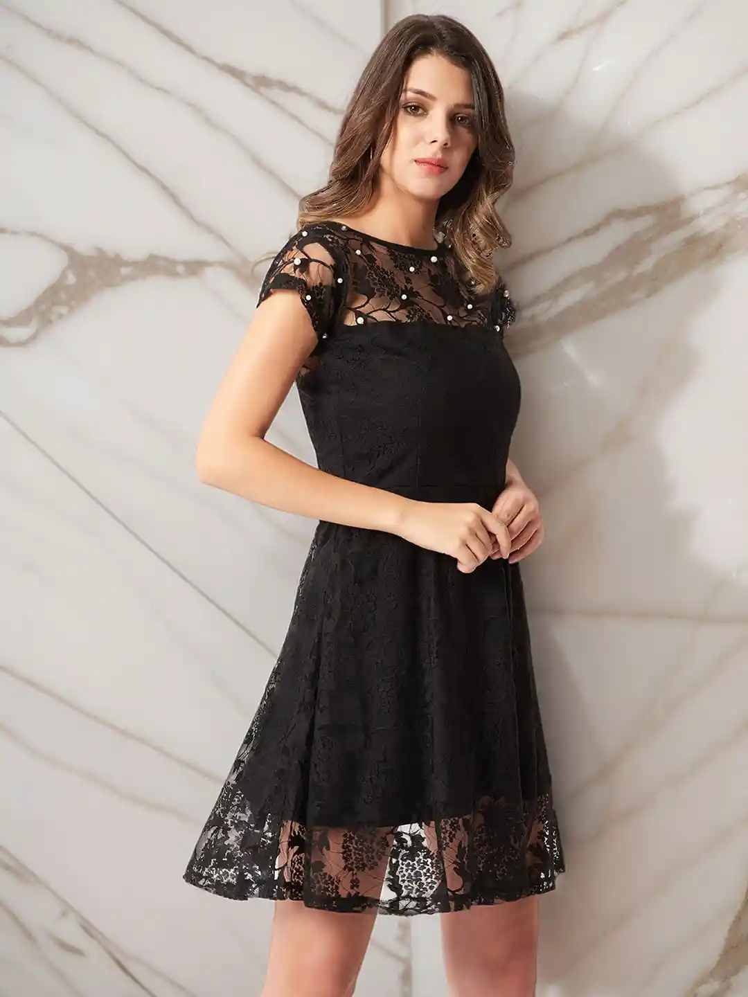 Buy Black Lace Floral Fit Flare Midi Dress Dresses for Women