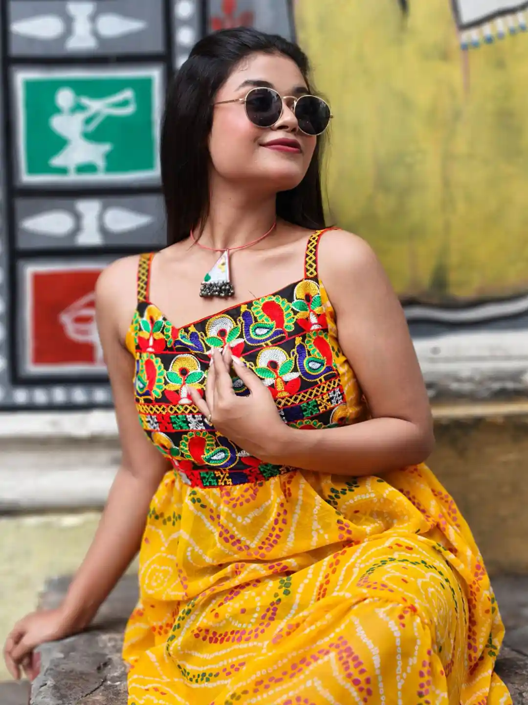 KALINI Women Bandhani Printed Ethnic Motifs Ebroidered Fit Flared Maxi  Dresses