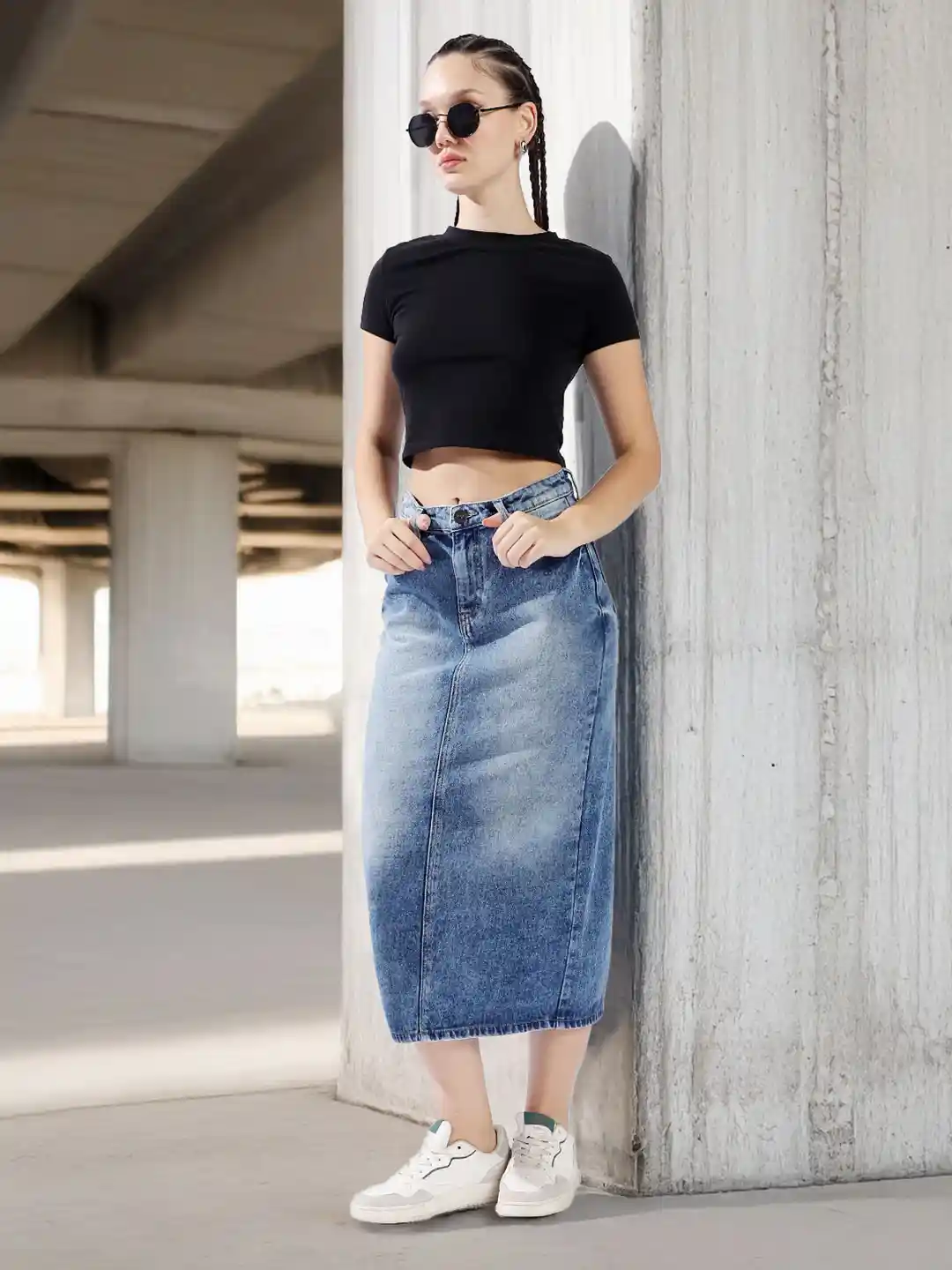 Buy High Star Women High Rise A-Line Midi Denim Side Back Slit