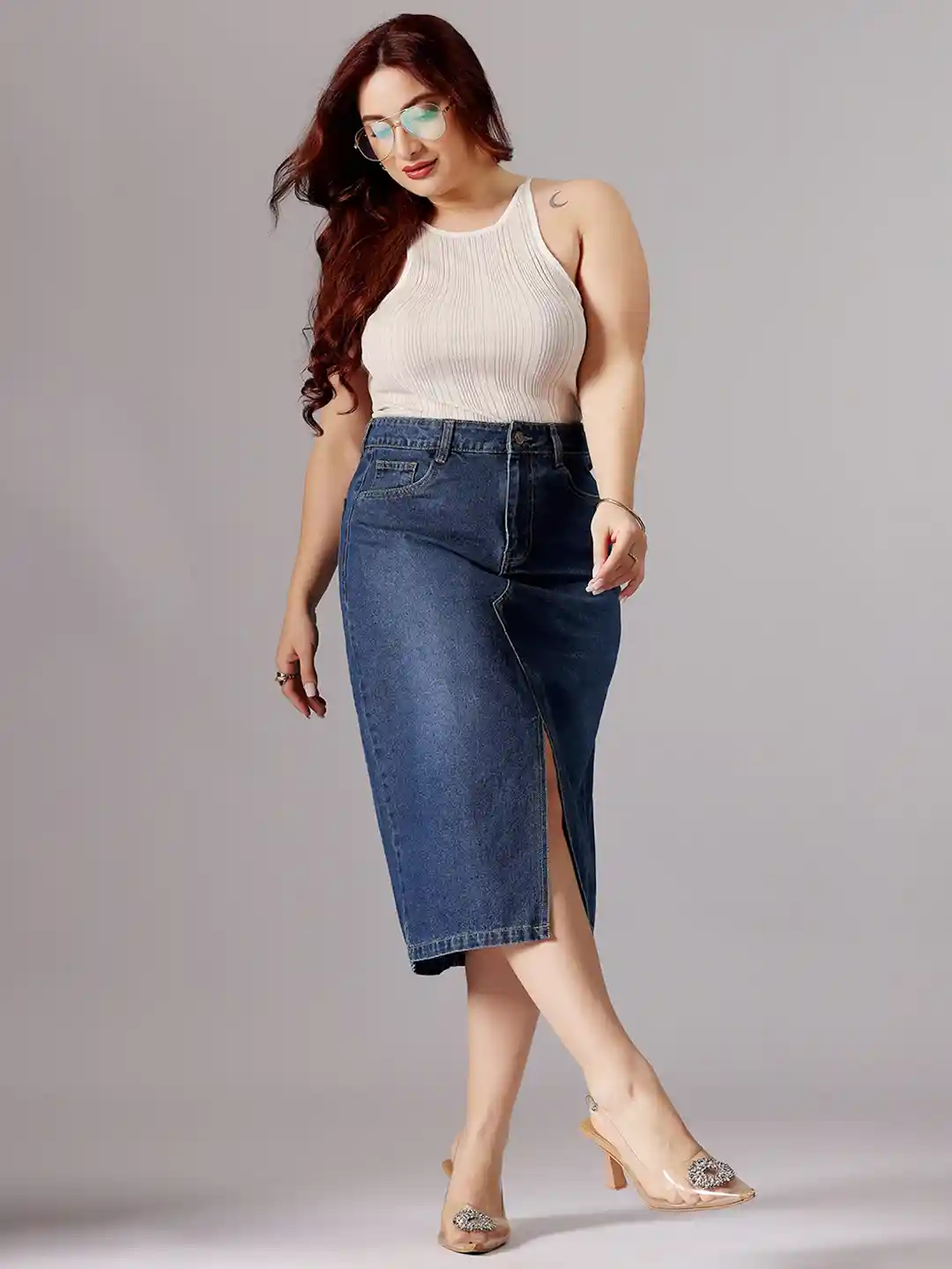 Buy Miss Chase A+ Plus Size Women A-Line High-Rise Denim Midi