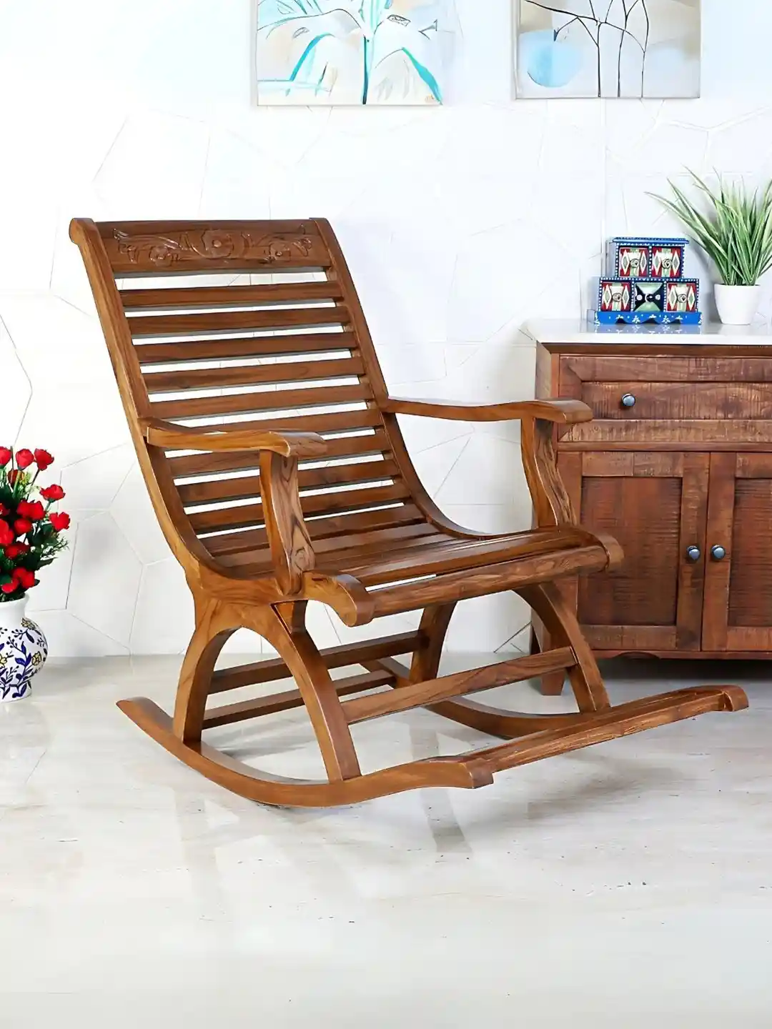 Buy DZYN Furnitures Brown Teak Wood Rocking Chair Rocking Chair
